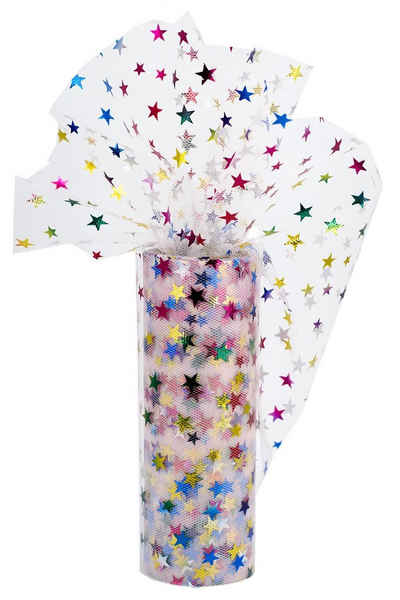 Creativery Stoff, Tüll Stoff Rolle mit Sternen 15cm x 9m Weiß / Bunt Regenbogen