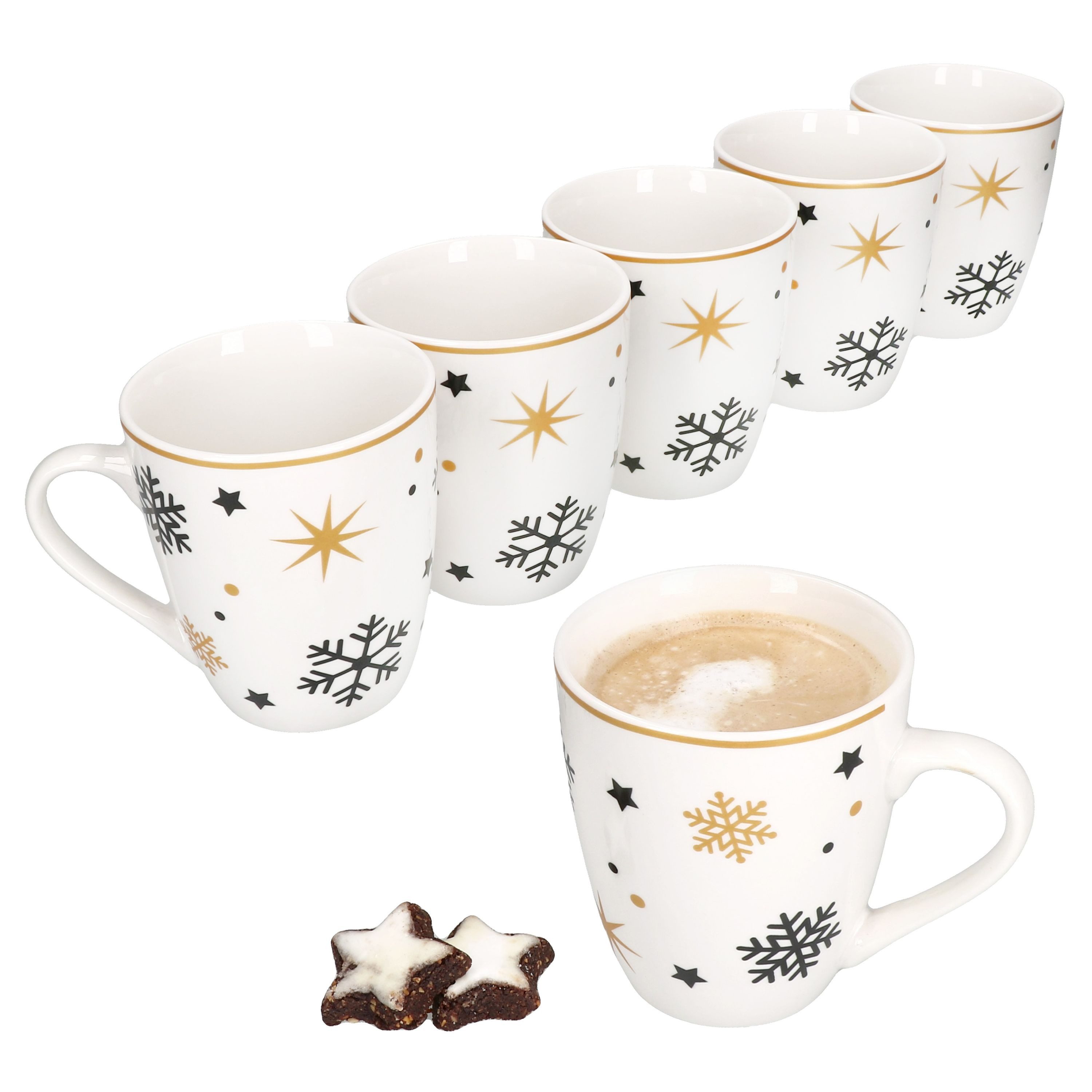 Becher 6x Stars schwarz gold Kaffeebecher 300ml Steingut-Tassen 6 Personen
