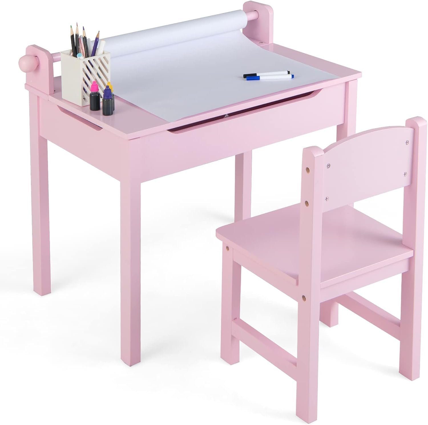KOMFOTTEU Kindertisch mit Stuhl, aufklappbare Kindersitzgruppe, zum Malen Spielen Essen rosa