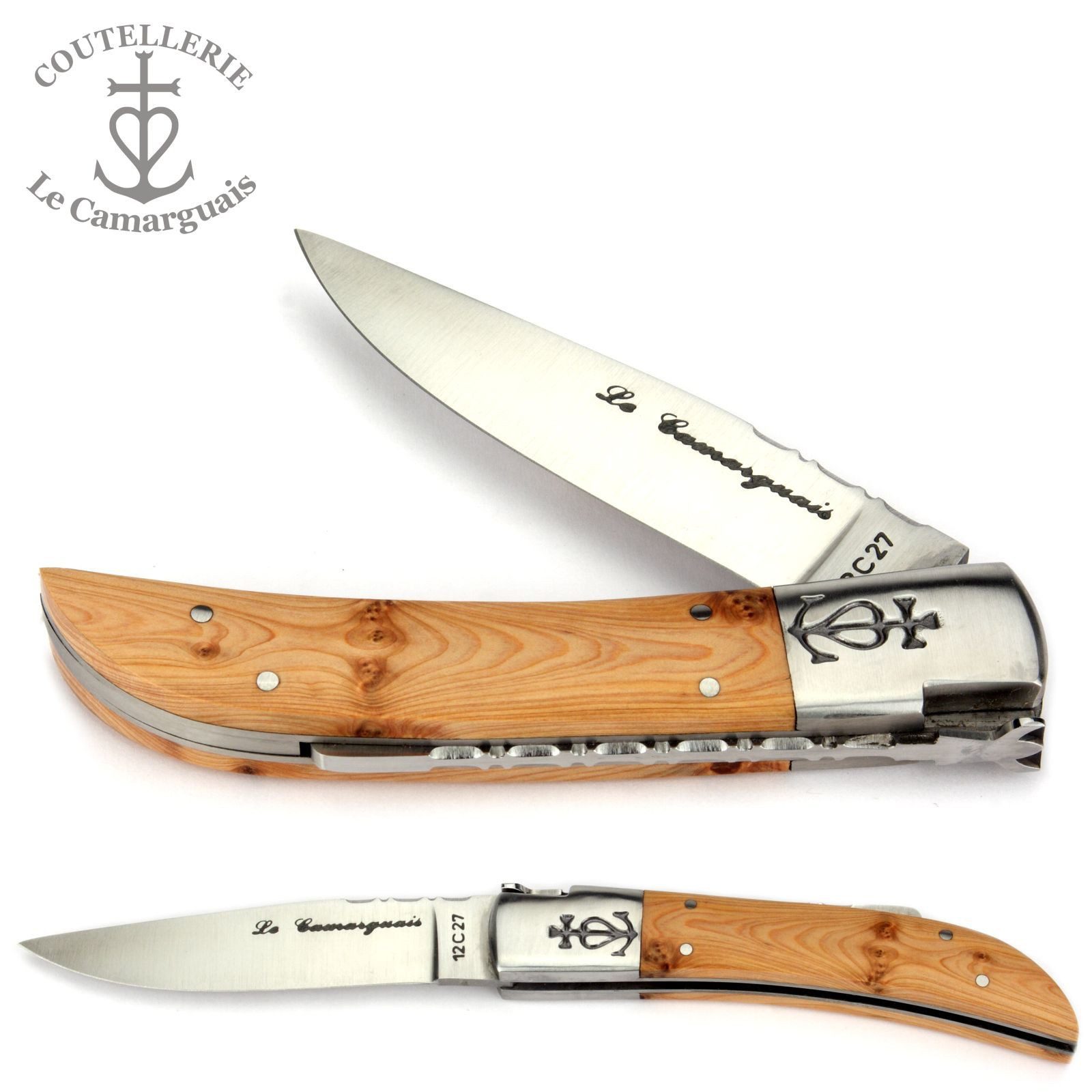 Le Camarguais Taschenmesser 20090, Griff 12cm Wacholder - Feder, Klingenrücken verziert - Stahl matt