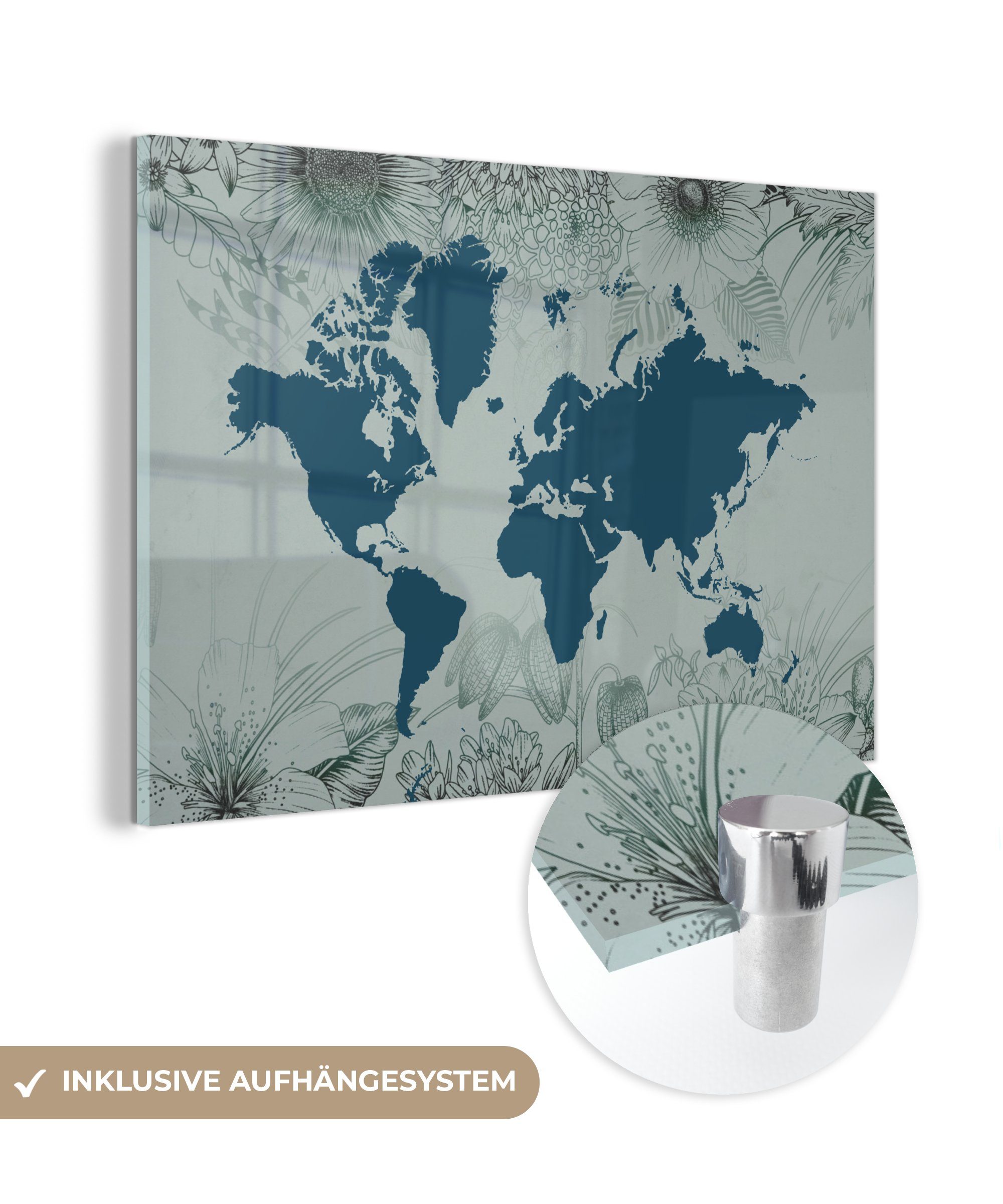 MuchoWow - Weltkarte Wanddekoration - Wandbild Glas Foto St), (1 - - - Acrylglasbild auf Bilder Glas Grau auf Blau, Glasbilder