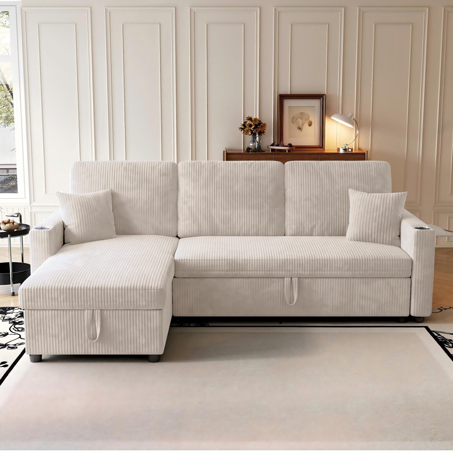 ANYSUN Ecksofa L Shape sofa Sofabetten,Mit Stauraum, Schlafsofa,mit Bettkasten und Schlaffunktion, Cordstoff, Schlafsofa,Chaiselongue,mit Taschen und Getränkehaltern,für Wohnzimmer