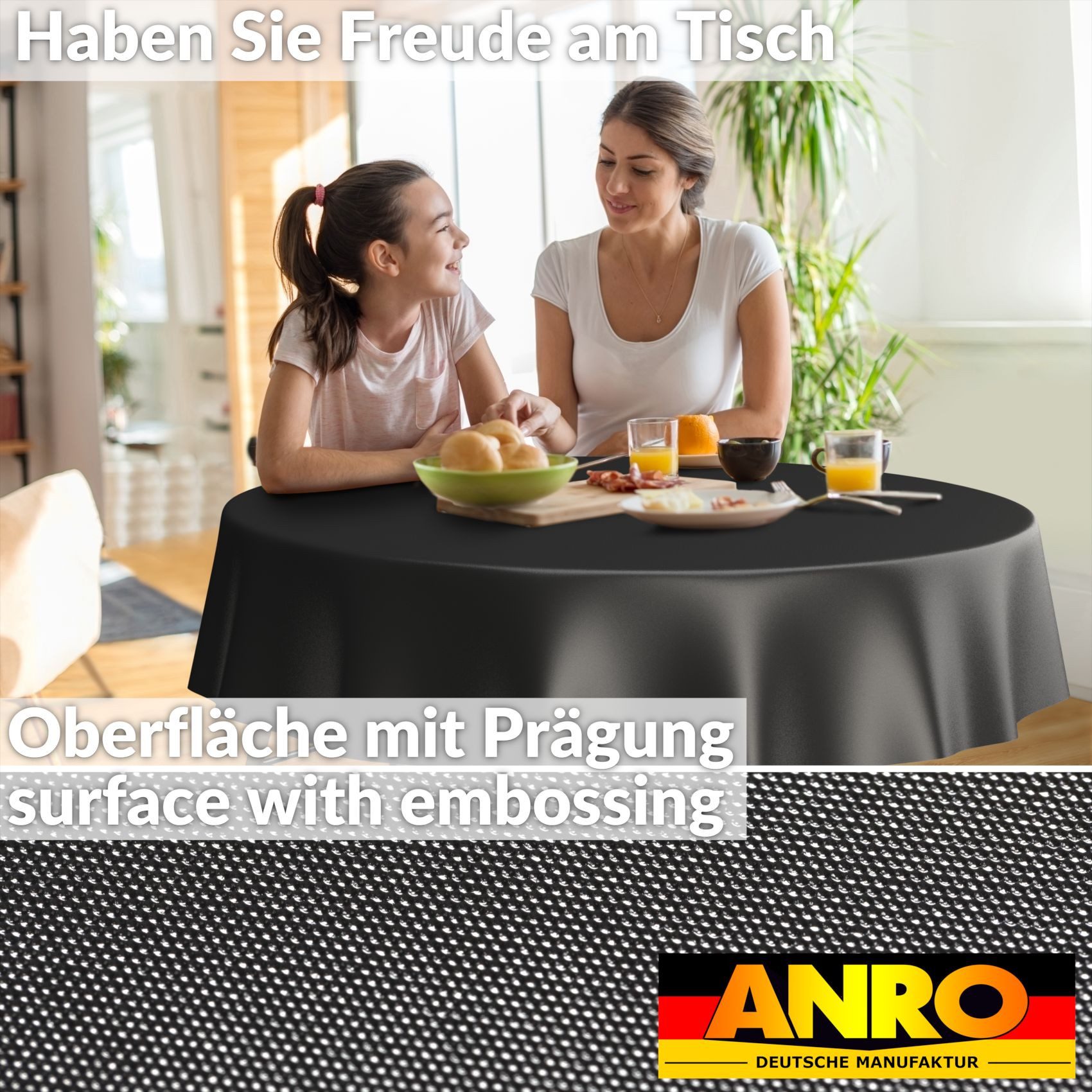 ANRO Tischdecke Wachstuchtischdecke abwaschbar UNI auch als Gartentischdecke (Einzelstück 1-tlg), wasserabweisend pflegeleicht Textil-Optik Schwarz Rund 120cm