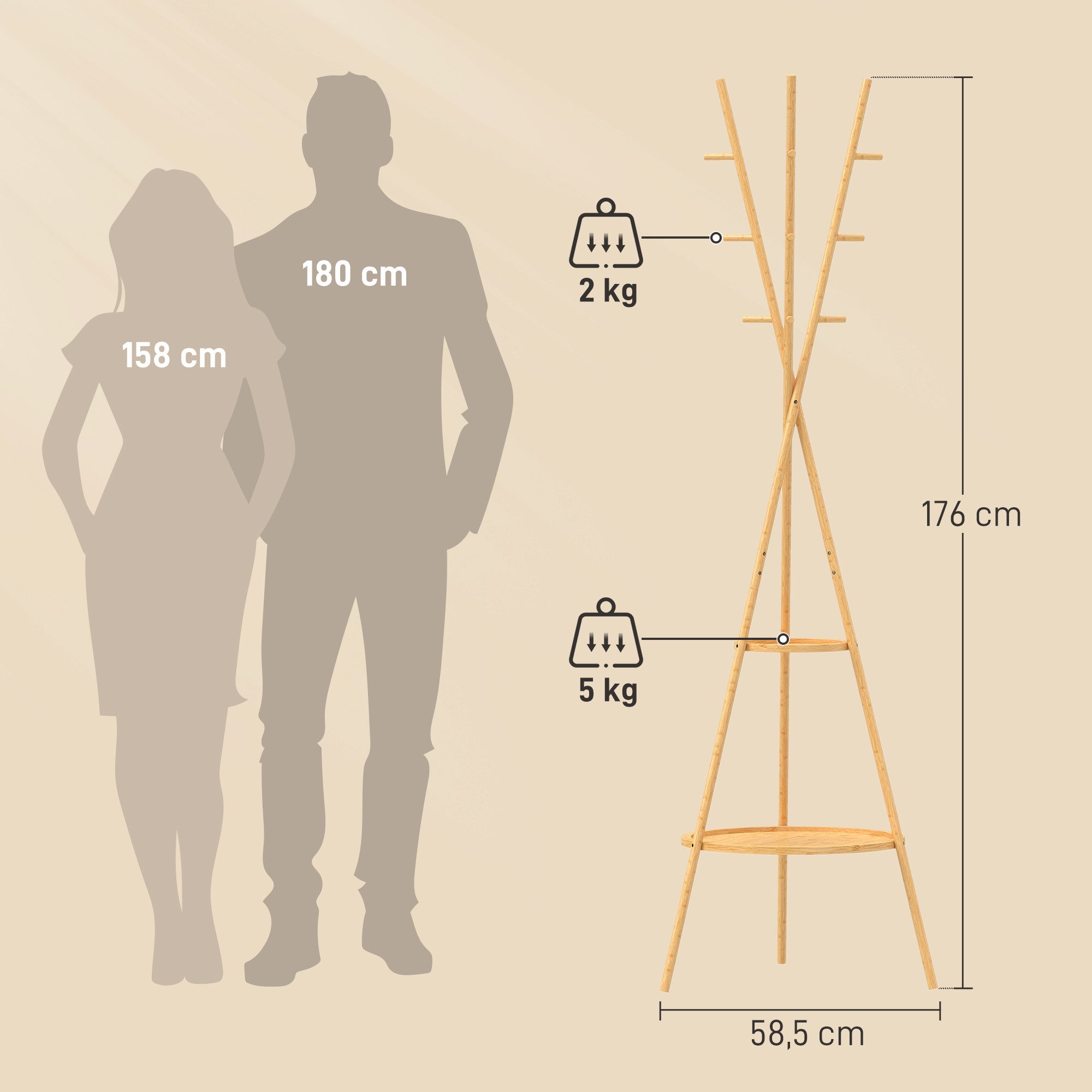 HOMCOM Garderobenständer Jackerständer Garderobe mit 9 Haken, für Flur, Eingangsbereich, (Set, 1 St., 1), aus Bambus, 2 Ablagefächer