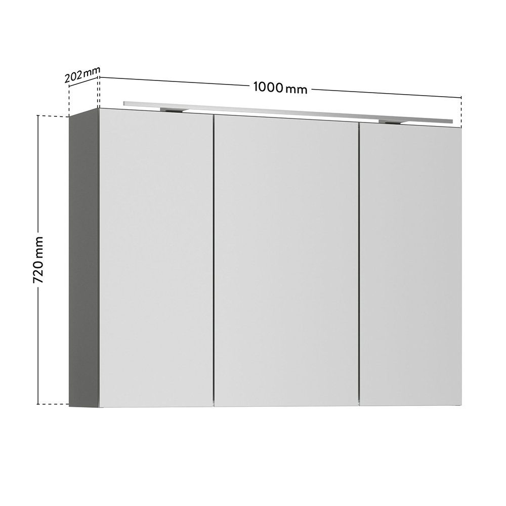 Lomadox Spiegelschrank PALERMO-136-GREY grau 100cm edelstahlfarben LED breit 100/72/21 Aufsatzleuchte cm mit