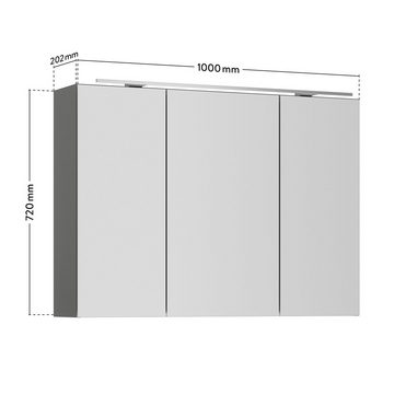 Lomadox Spiegelschrank PALERMO-136-GREY grau 100cm breit mit LED Aufsatzleuchte edelstahlfarben 100/72/21 cm