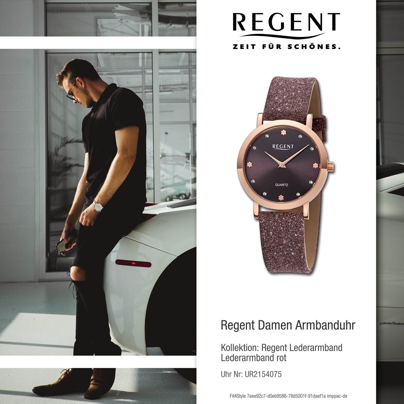 Regent Quarzuhr Regent Damen Analog, rundes Armbanduhr (ca. groß rot, braun, Lederarmband Gehäuse, Damenuhr 32,5mm)