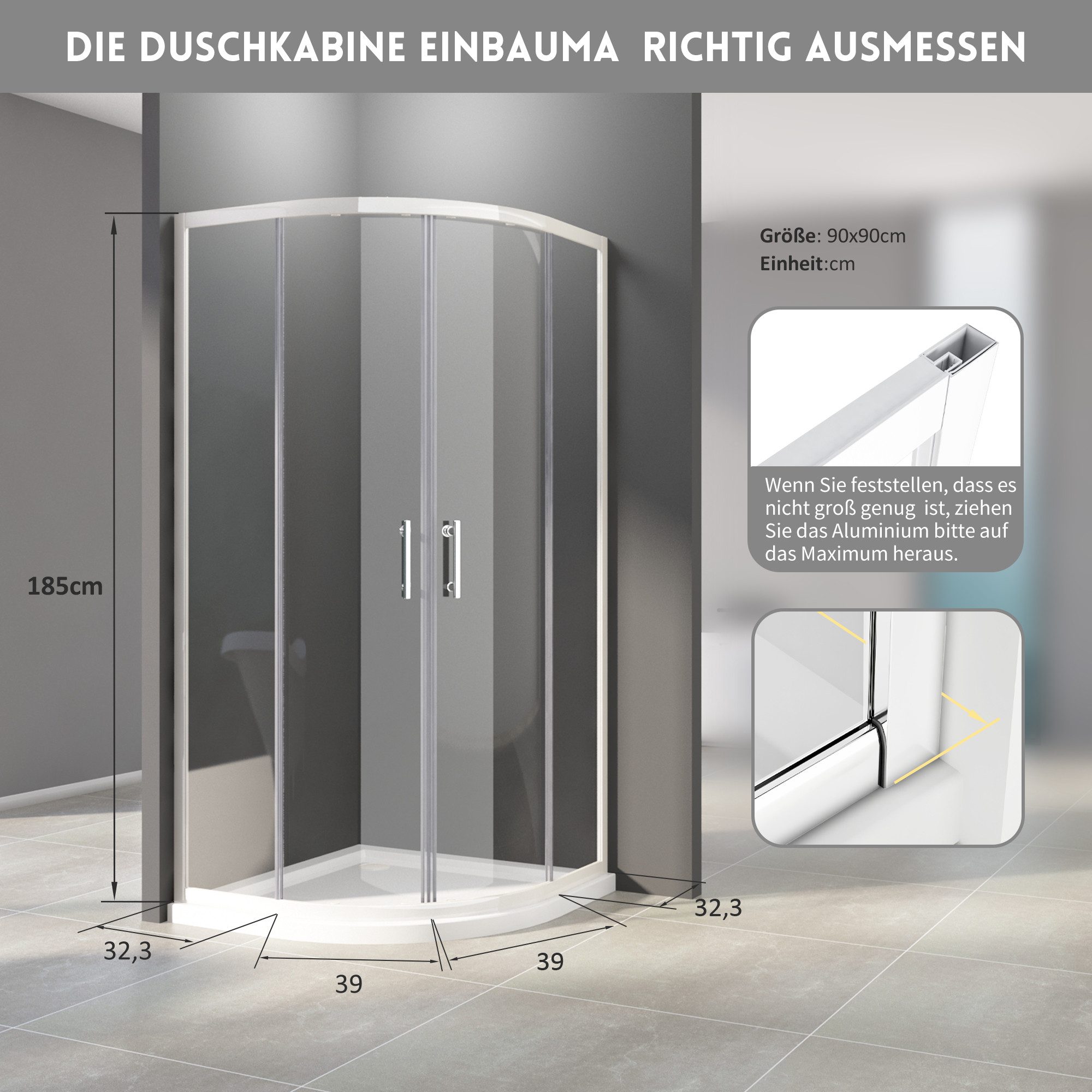 Hopibath Runddusche Weiß 90x90x185cm Duschkabine, BxT: 90x90 cm, 5mm Sicherheitsglas, Schiebetür, (88-90)x(88-90)x185, Alurahmen, Magnetverschluss