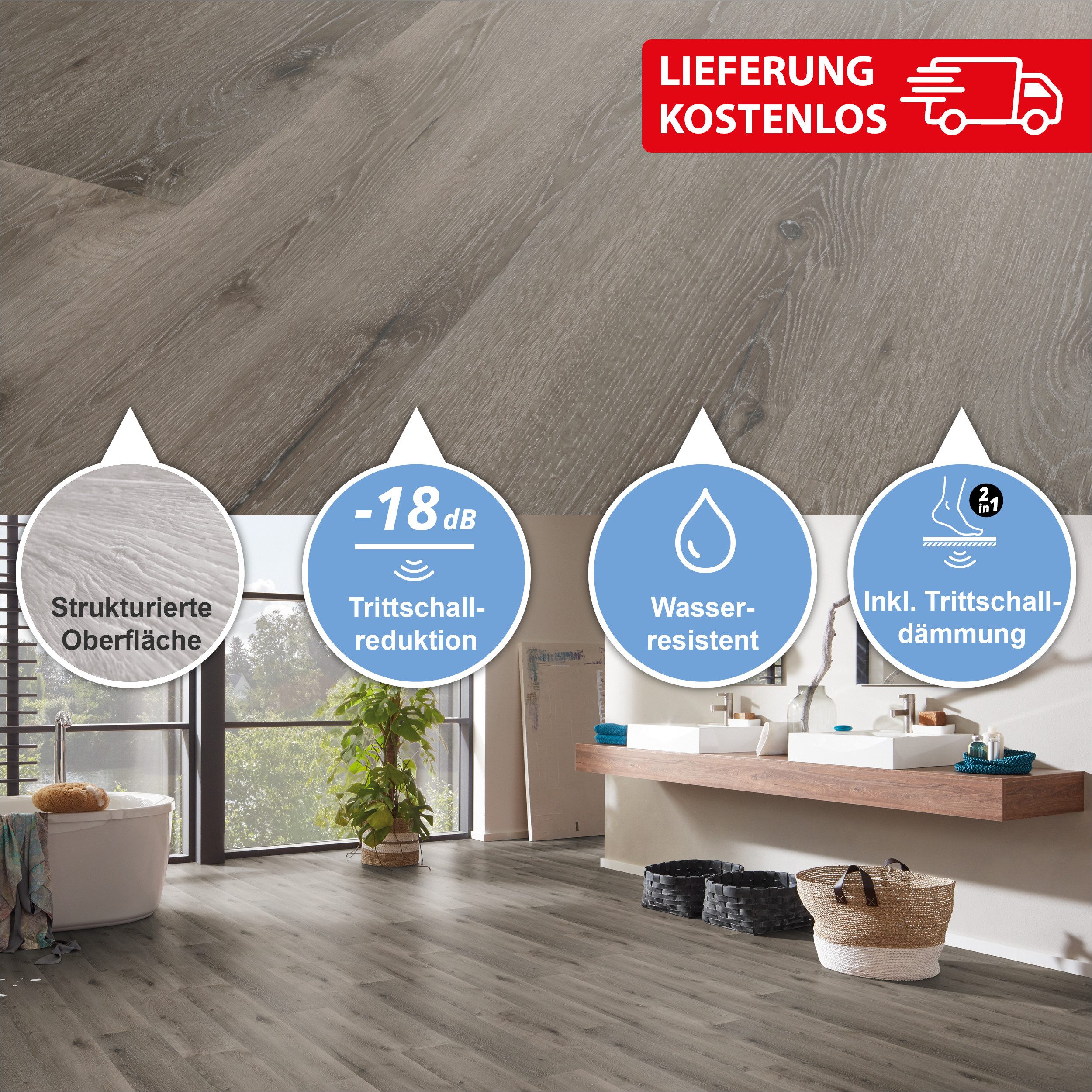 Swiss Edition SPC Designboden Klick-Vinyl Eiche inkl. Trittschalldämmung, Packung mit 2,78 qm, Versandkostenfreie Lieferung, inkl. Trittschalldämmung, Wasserfest und mit Klicksystem