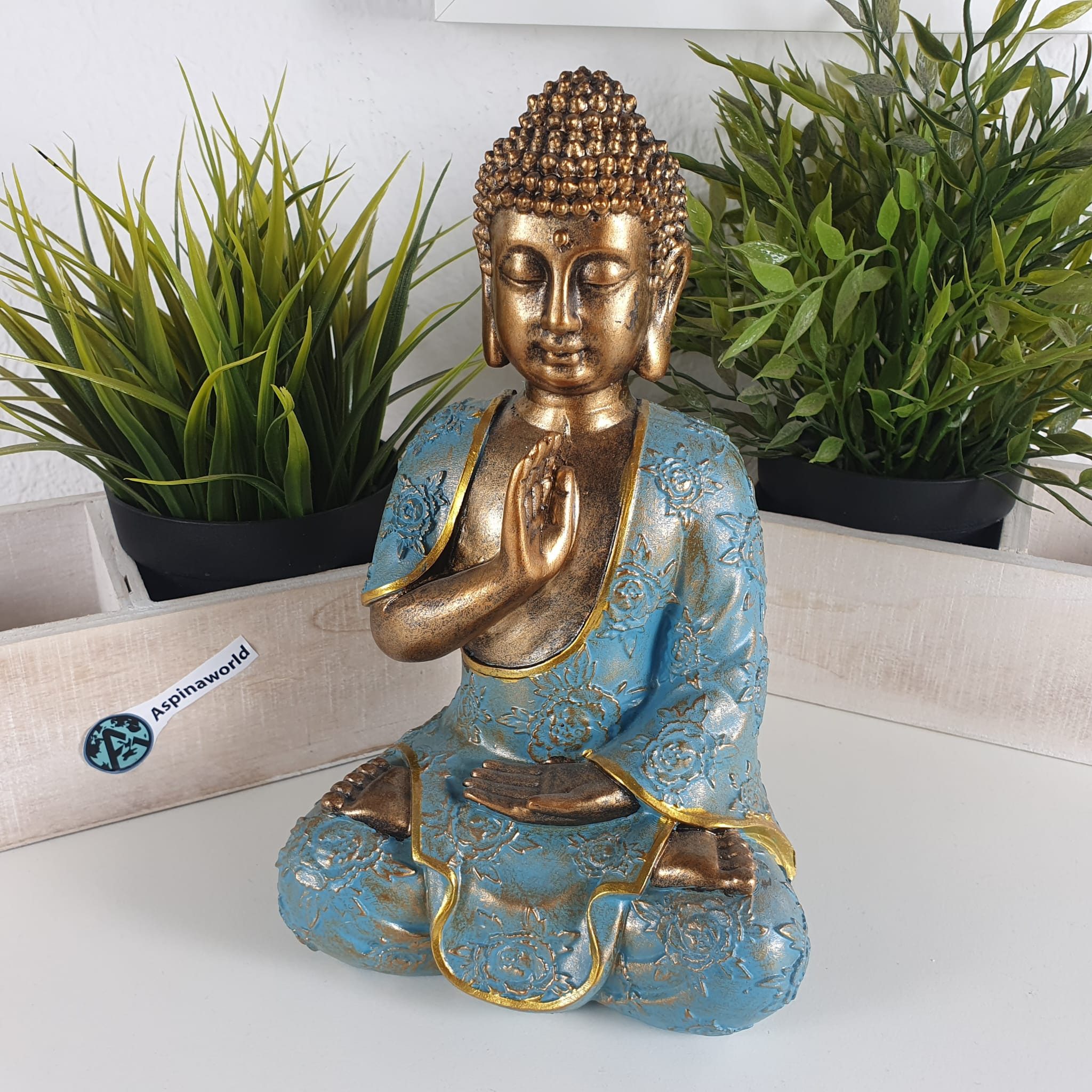Aspinaworld Buddhafigur Deko Buddha Figur sitzt Hand oben 22 cm mintgrün, M günstig online kaufen