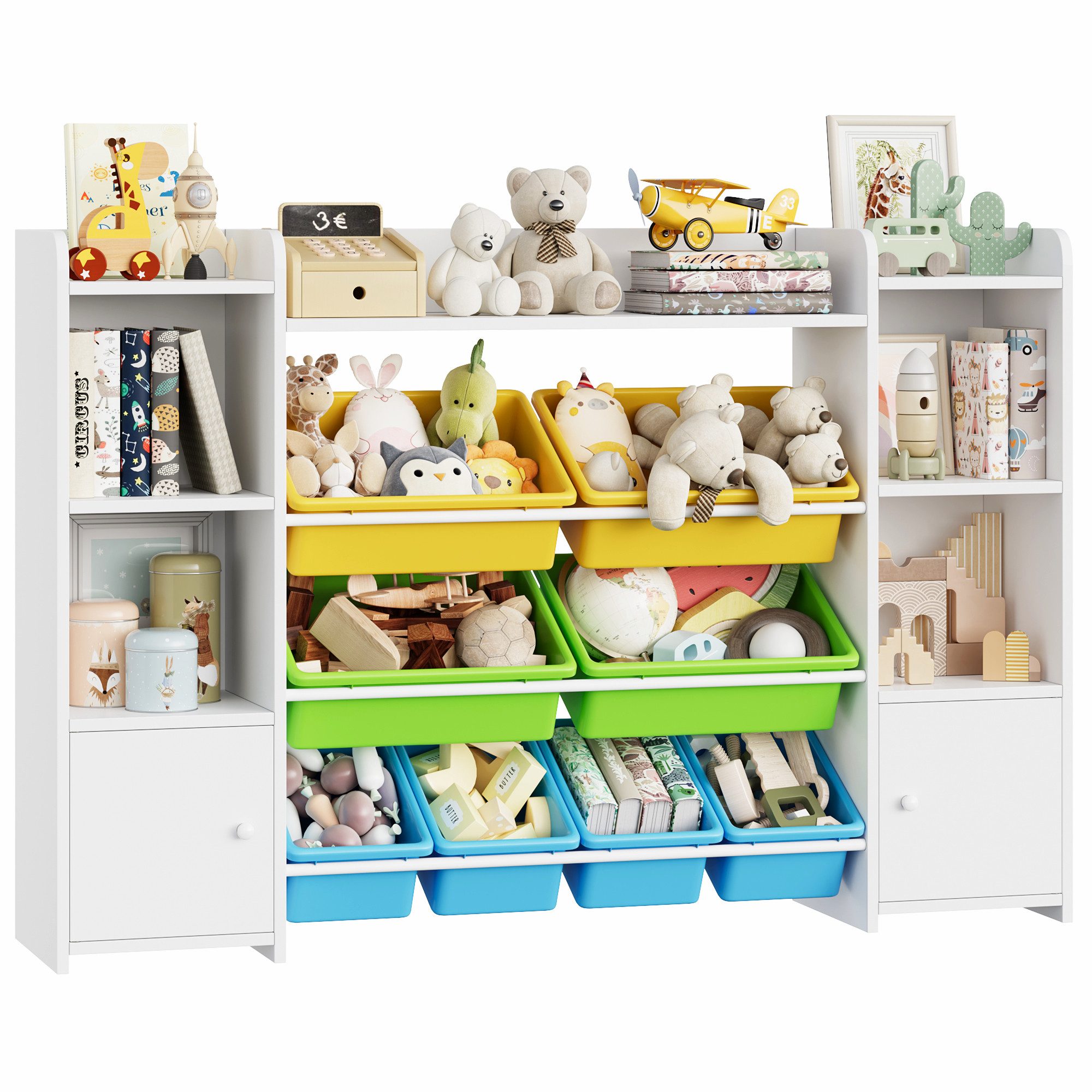 Homfa Spielzeugtruhe, Kinderregal Bücherregal Spiegelregal mit 8 Boxen weiß 138x29x94 cm