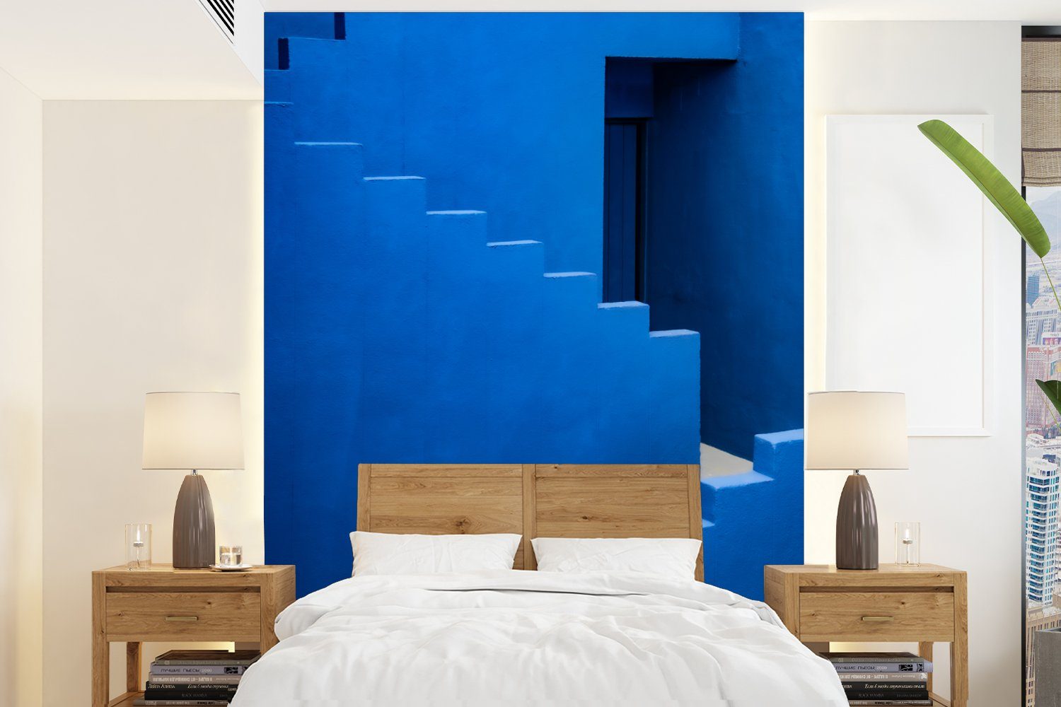 bedruckt, Wohnzimmer, Gebäude, Blau für - Tapete MuchoWow (4 Montagefertig Fototapete - Vinyl - Treppe Wandtapete Matt, St), Architektur