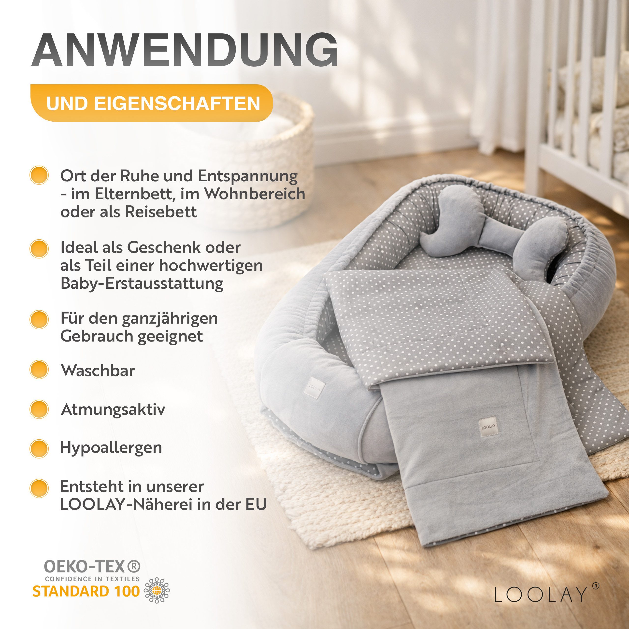 Loolay Kuschelnest BABYNEST 5 TLG. Set PREMIUM Babyausstattung Baumwolle & Samt Velours, (MUSTER: GRÜN Samt Velour/ Traumfänger BOHO, 5-tlg., Liebevoll handgefertigt Nestchen! Geborgenheit Komfort für Neugeborene), Premium Ausstattung - 100% Europäische Stoffe und Kleinserien-Nähen!