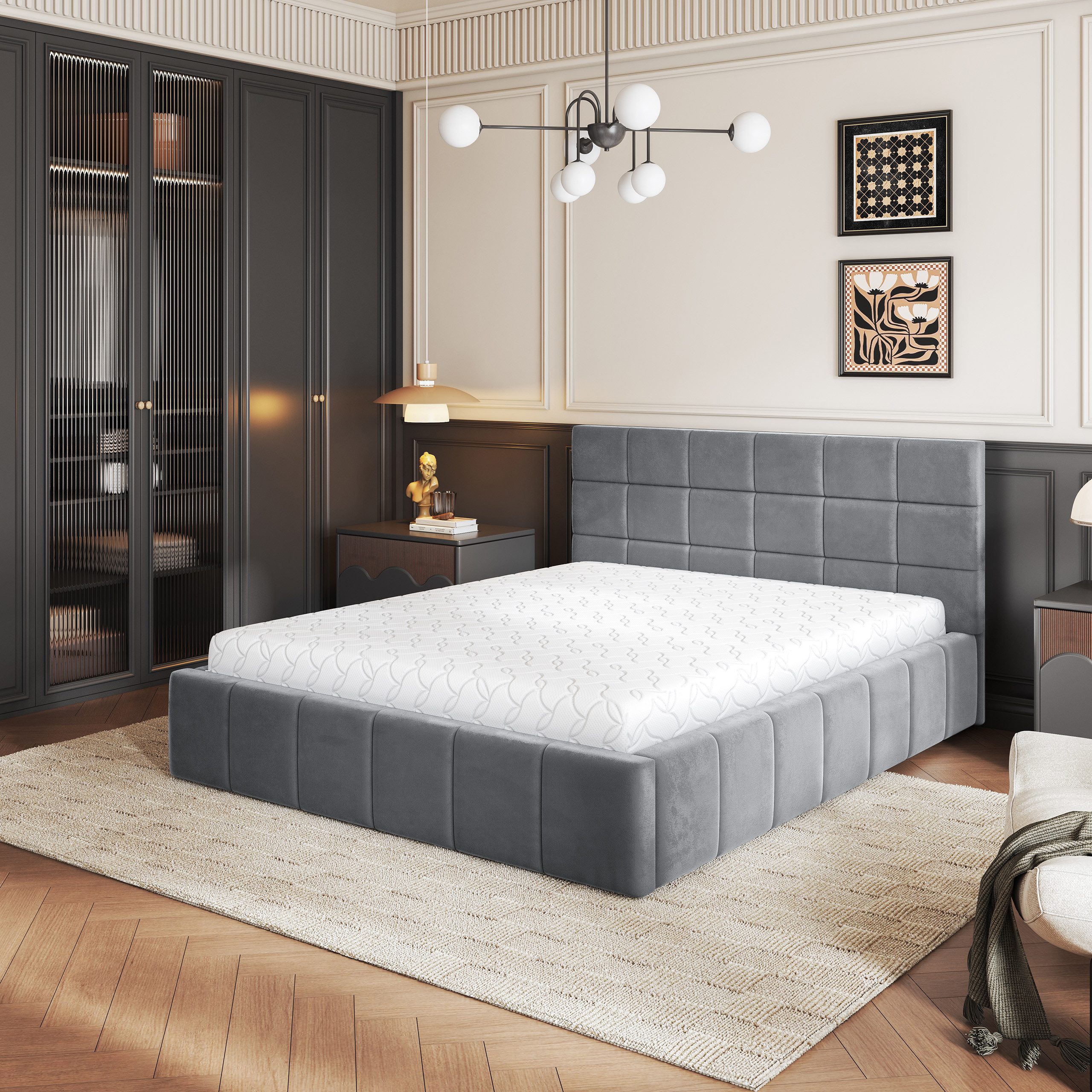 Masseno Polsterbett VERTO 140x200 cm grau (mit Bettkasten und Lattenrost)