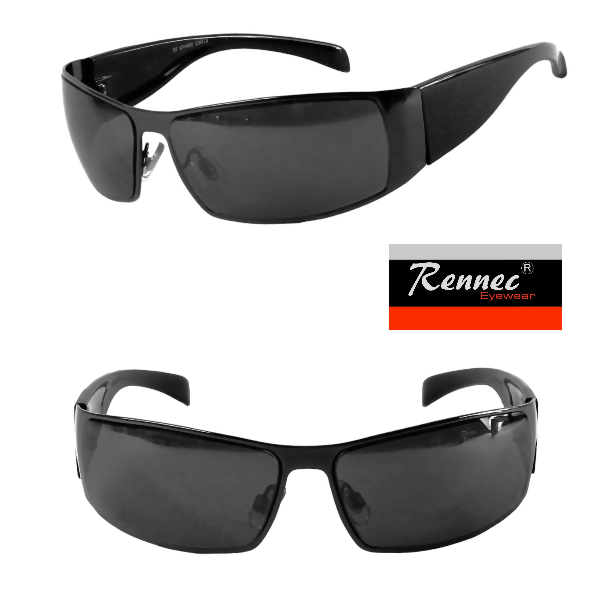 Rennec Sonnenbrille Herren Schwarz Schmal Eckig Metallbrille Getönt UV400 Biker Style Brille, Gläser Schwarz, Wrap Around