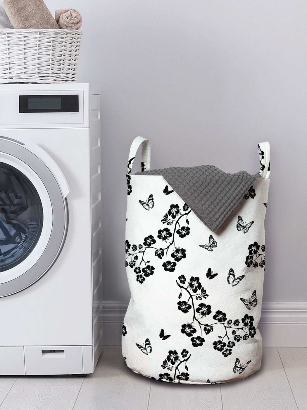 Abakuhaus Wäschesäckchen Wäschekorb mit Waschsalons, Kordelzugverschluss Schmetterling Monochrome japanische für Griffen