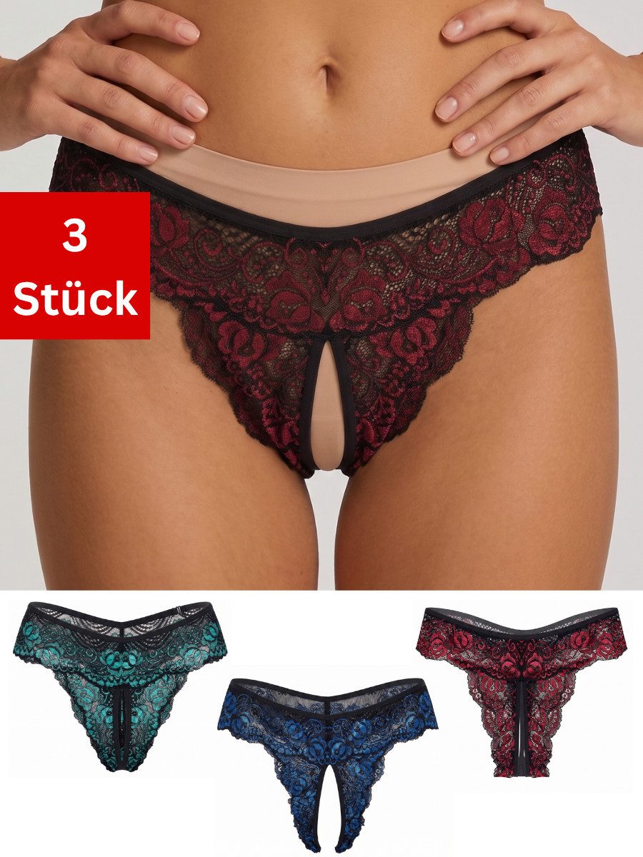 Elegant Love Slip-Ouvert Tanga mit offenem Schritt, Unterwäsche aus Spitze (3-St., 3er-Pack) String, sinnliche Reizwäsche, Unterhosen für Damen, elegante Pantys