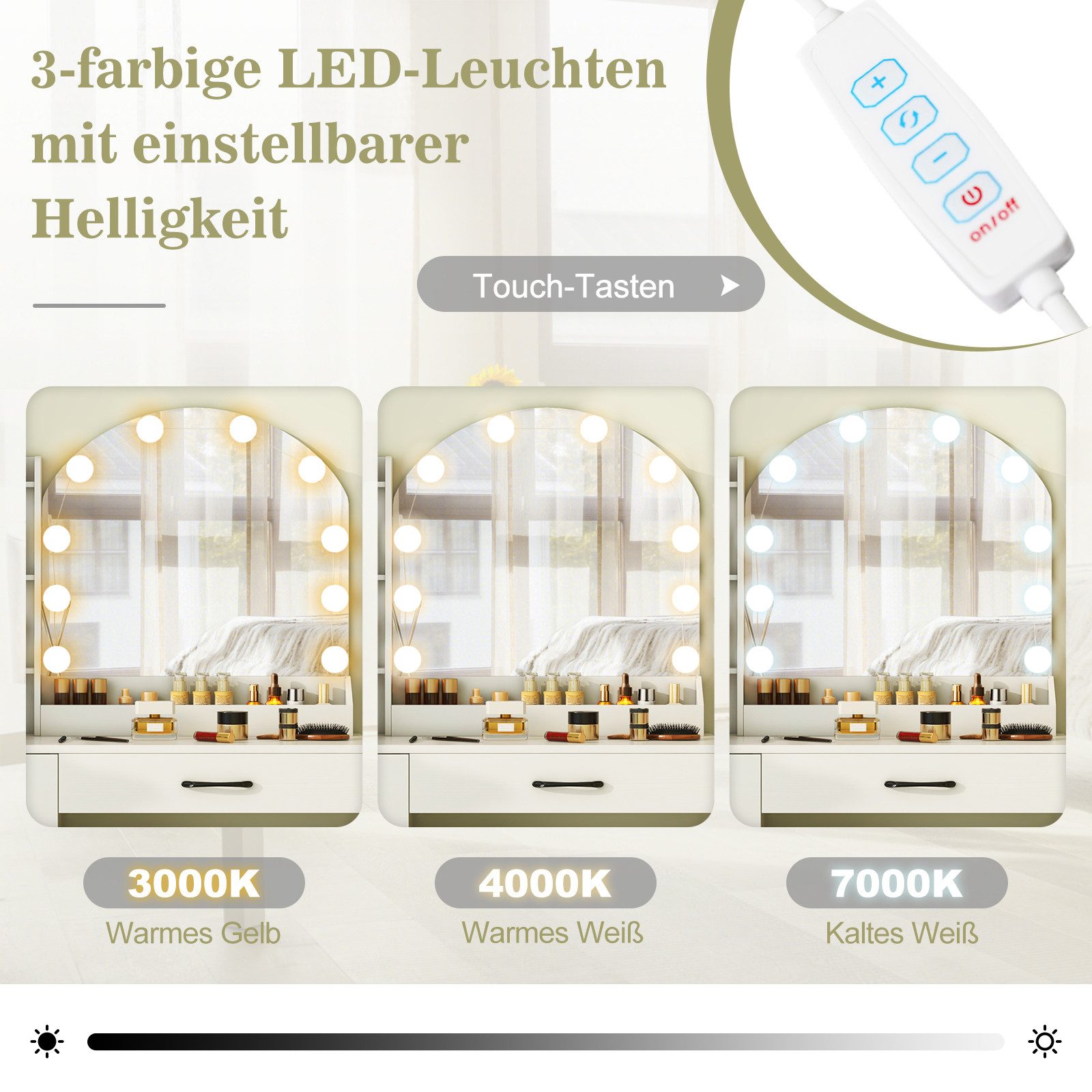COSTWAY Schminktisch (1-St), mit LED-Beleuchtung, Ladestation, Hocker, Spiegel, 4 Schubladen