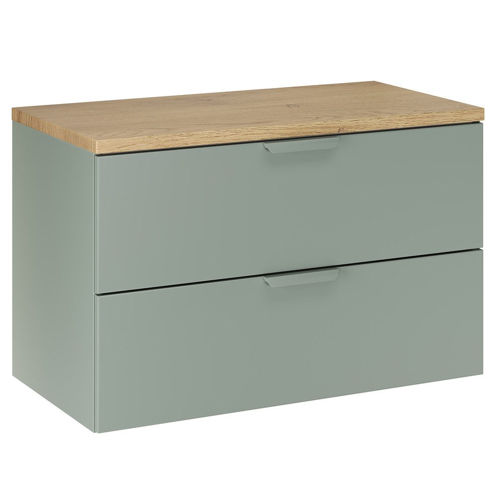 Lomadox Waschbeckenschrank ALASSIO-56 80 cm breit, Grün matt mit Eiche, 2 Schubladen