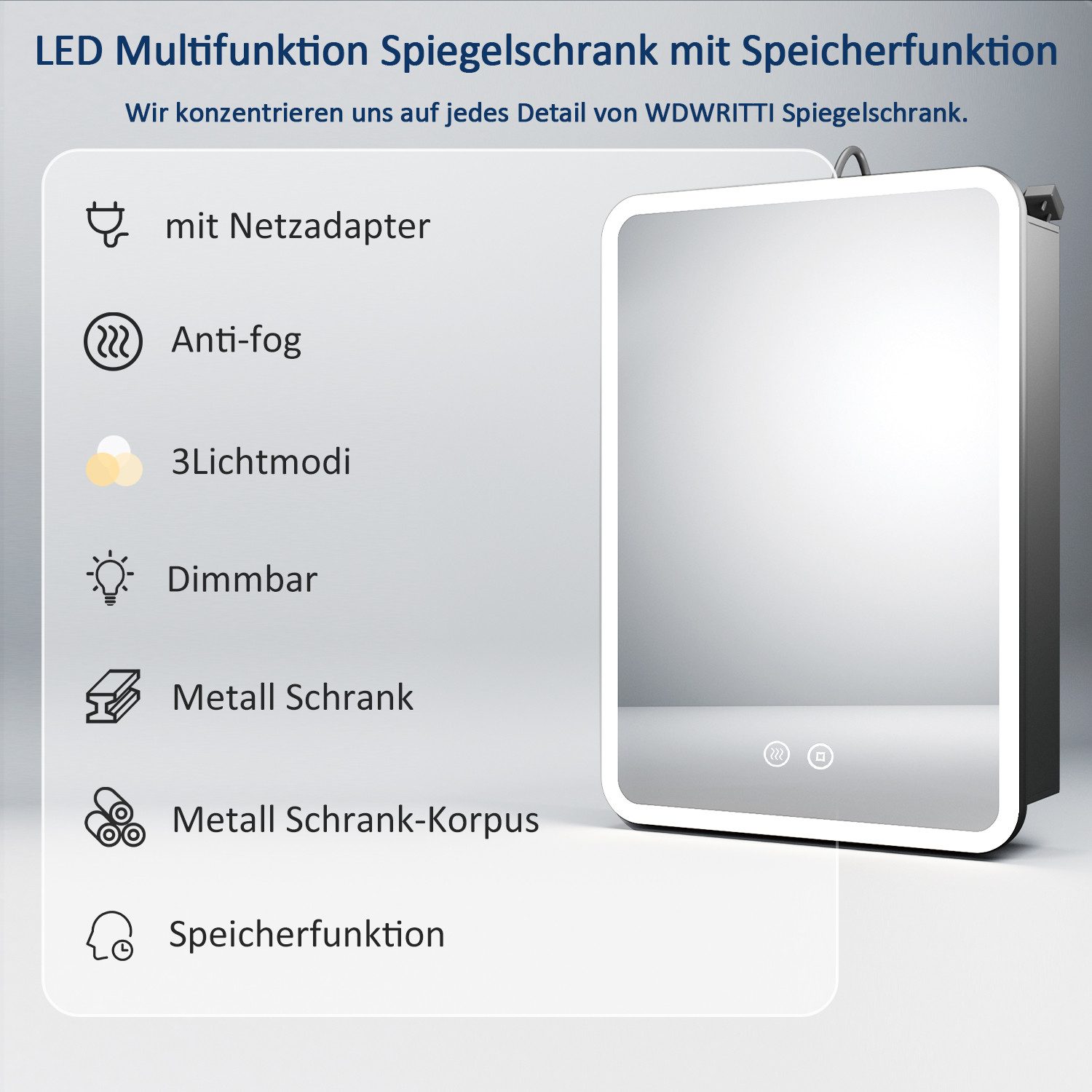 WDWRITTI Spiegelschrank mit beleuchtung 3Lichtmodi Dimmbar Badezimmerspiegelschrank LED 50x70 (LED Wandschrank Hängeschrank Schwarz 1 türig, Speicherfunktion, Doppelseitiger Spiegel) Soft-Close-Funktion, IP44, mit Netzstecker