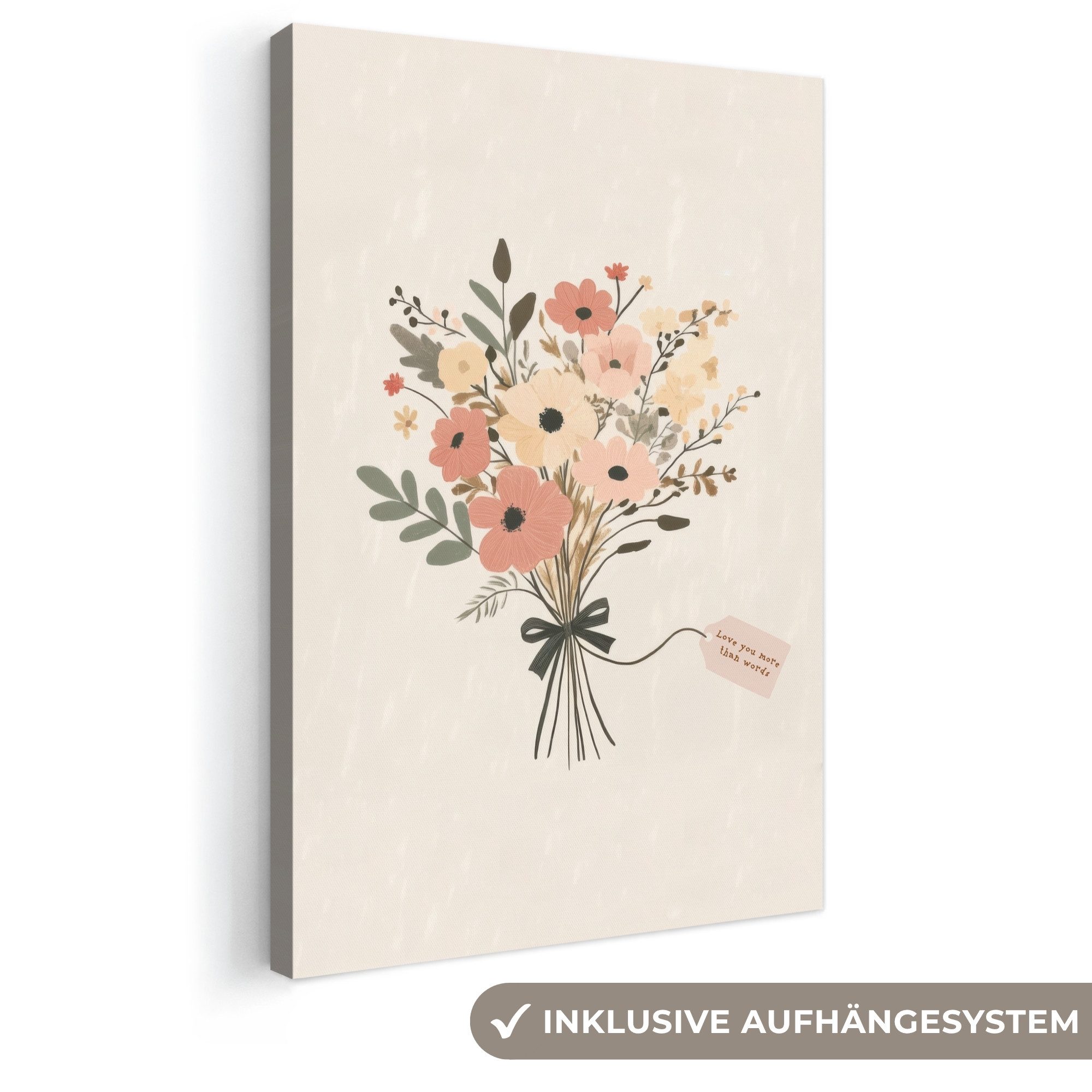 OneMillionCanvasses® Leinwandbild Blumen - Zitat - Beige - Farbband - Muttertagsgeschenk, Fotodruck (1 St), Leinwand Canvas Wandbild, Wanddekoration 20x30 cm