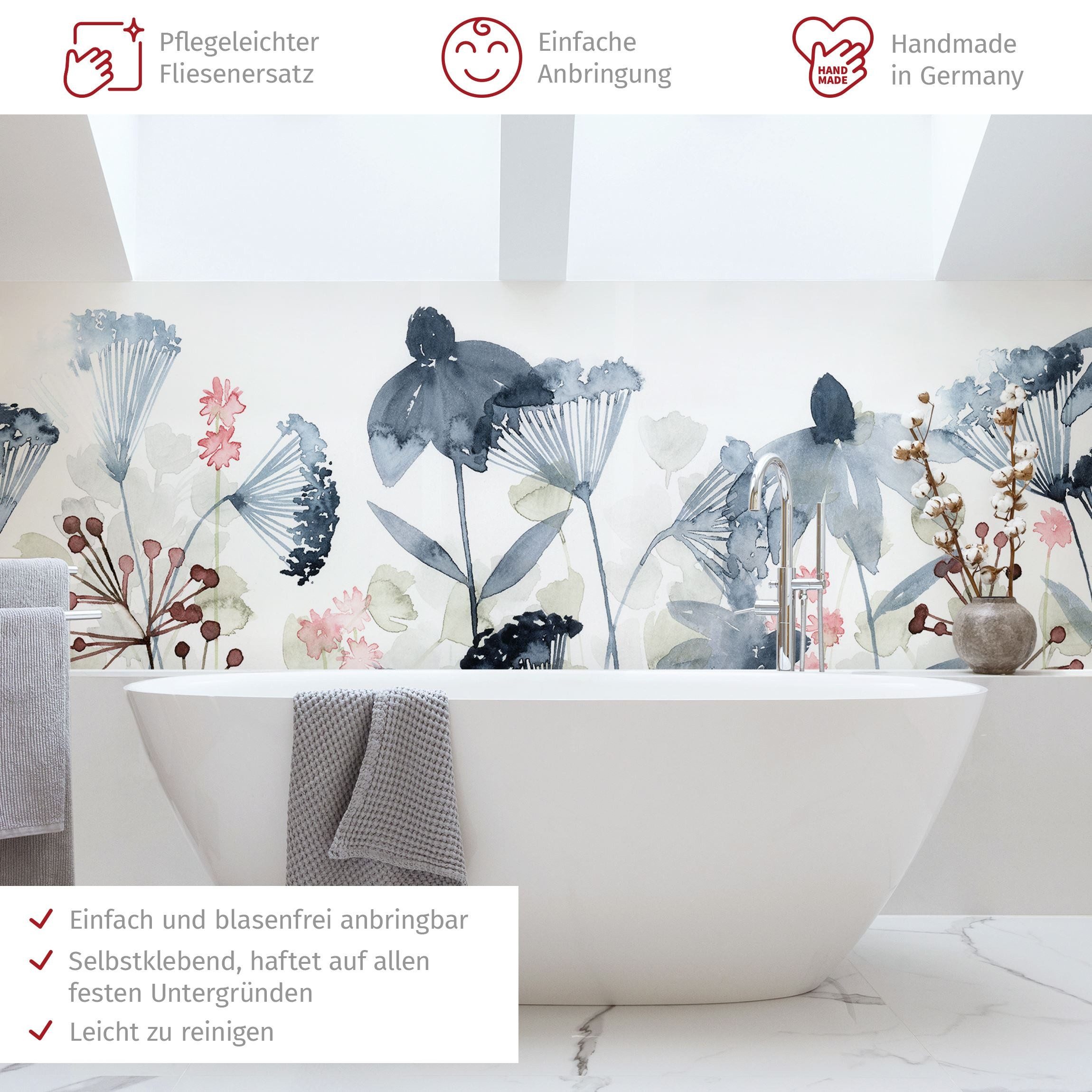 Bilderdepot24 Badrückwand weiss fugenlose Wandverkleidung Bad Landhaus, (Hartfolie matt » Selbstklebend SMART 0,35 mm), wasserfestes Wandpaneel Wildblumen Aquarell I