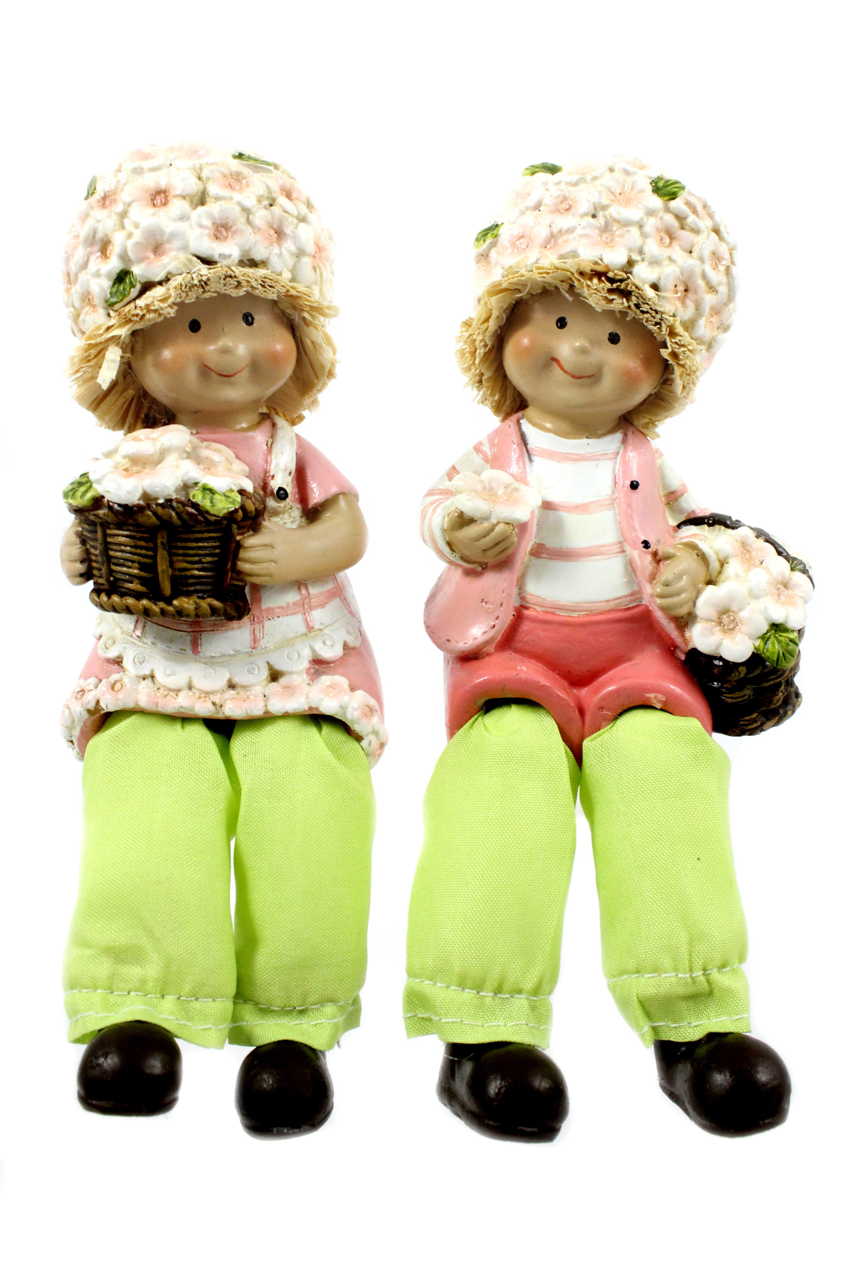 St) Schlenkerbeine ca. Dekofigur ELLUG (2 Deko Kunststein aus Blumenkinder Figuren Blumenhut Größe Kantenhocker 13cm Frühling Set 2er