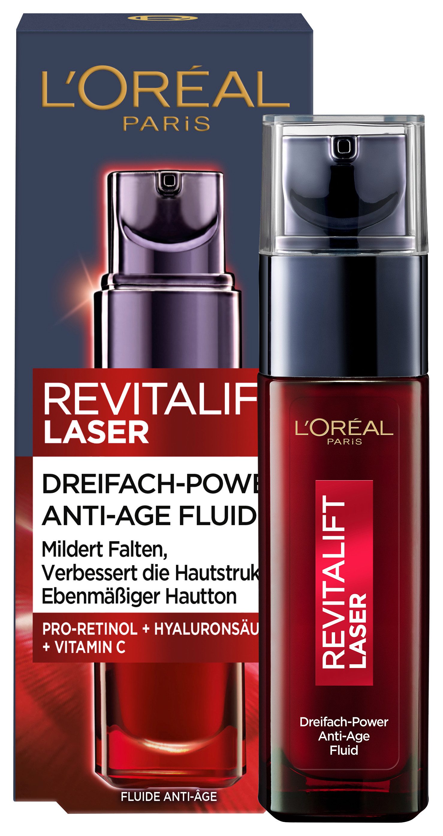L'ORÉAL PARIS Gesichtsserum REVITALIFT LASER DREIFACH-POWER ANTI-AGE FLUID, sichtbar jüngere Haut, mildert Falten, Straffungs-Effekt