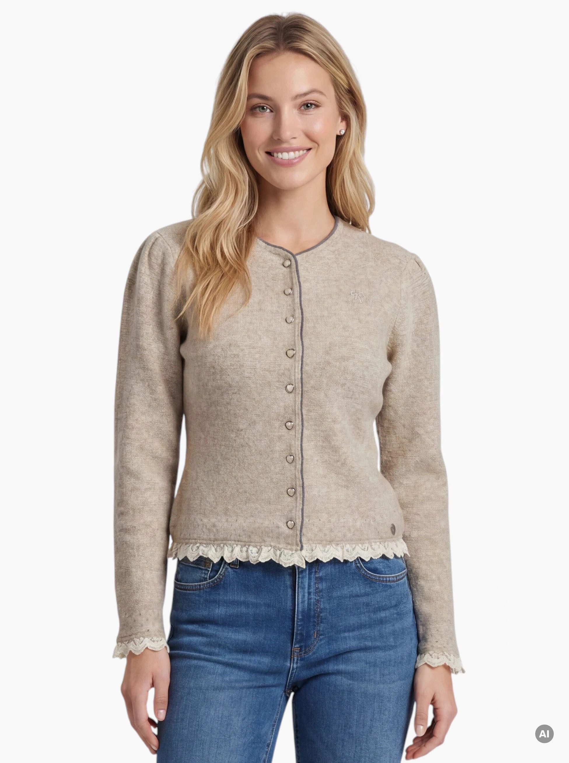 Moschen-Bayern Trachtenstrickjacke Edda Dirndljacke in 2 Farben mit Herzknöpfen und Spitze