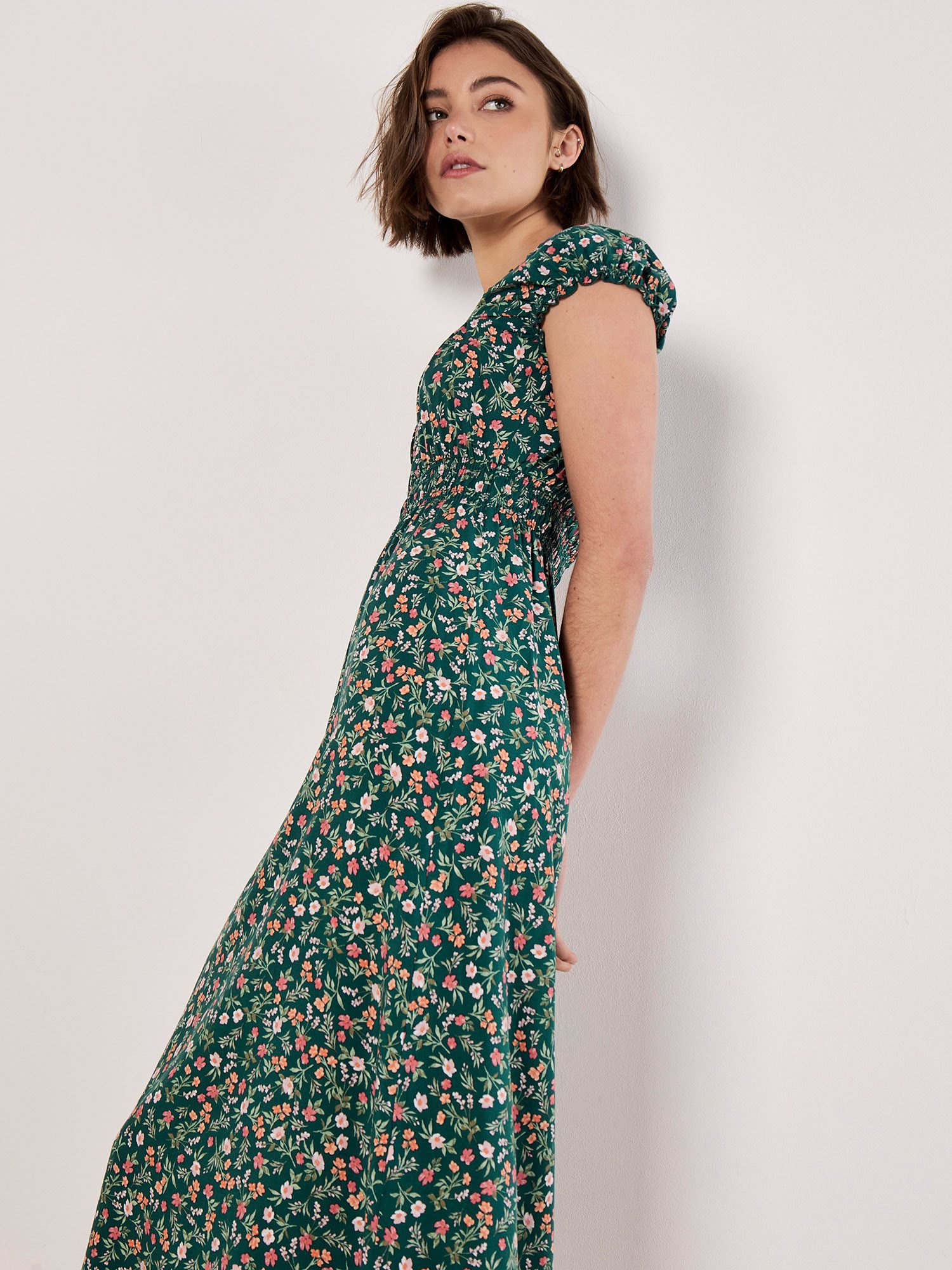 Apricot Midikleid Florales Midikleid mit gesmokter Taille