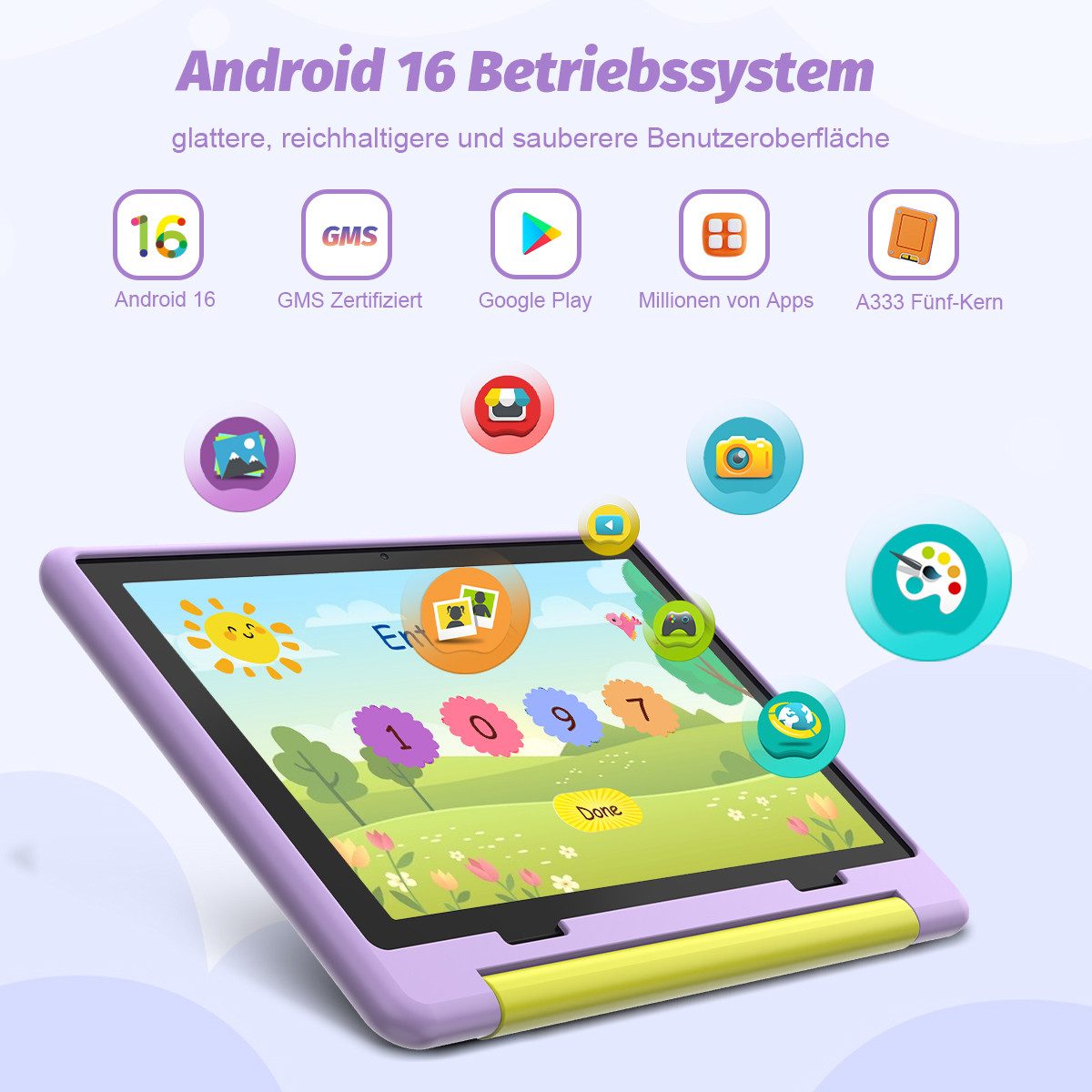 Happybe 10 Zoll 64GB/128GB Android 16 mit Hülle Kindersicherung WLAN Kinder Tablet (10.1", 64 GB, Android, 24(3+21)GB RAM, 6000 mAh)