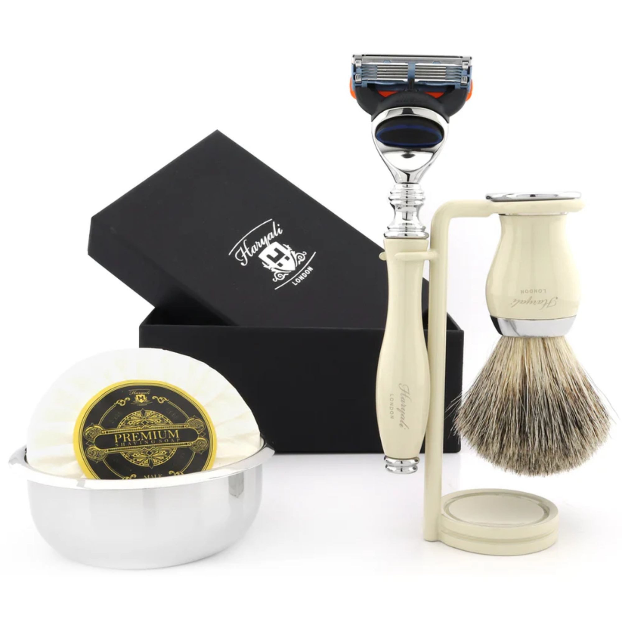 Rasierset Fusion5 Herren-Rasier-Set mit Rasierpinsel, Schale, Seife und Ständer