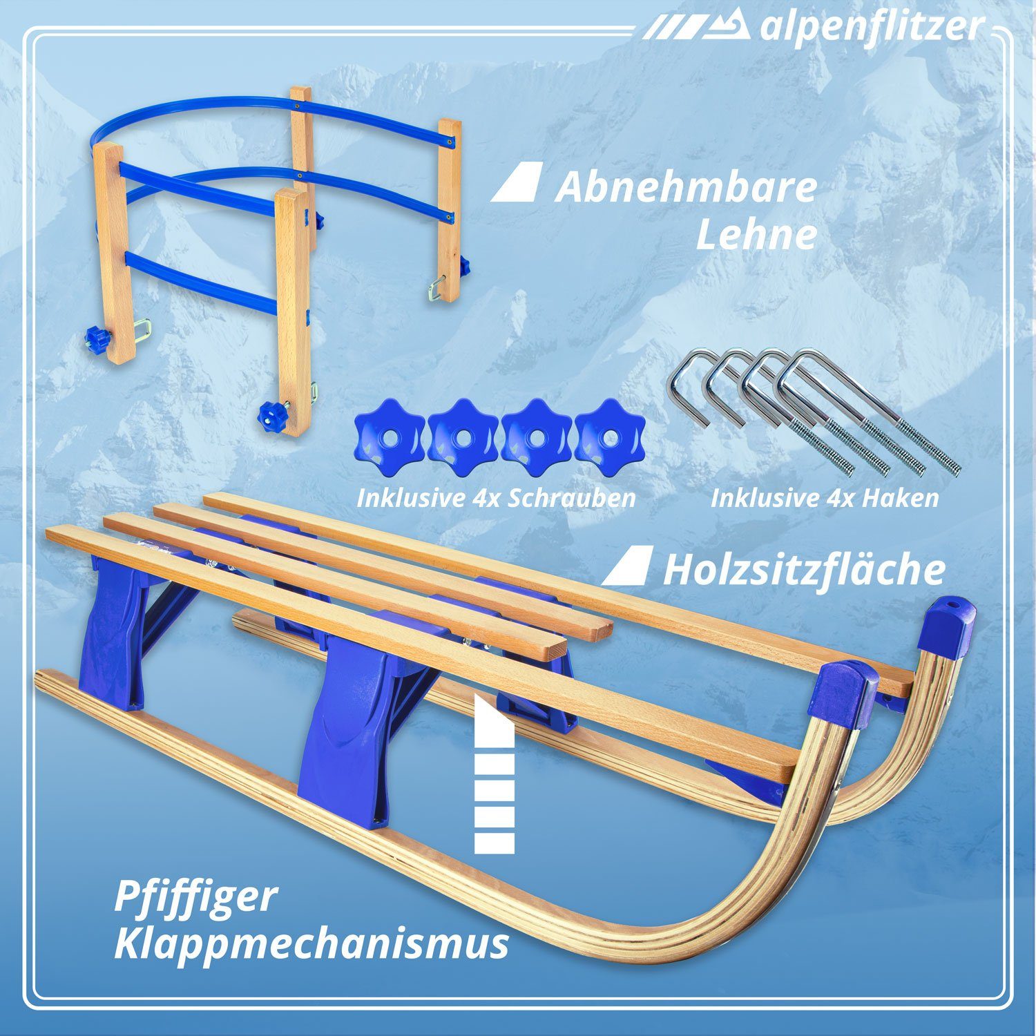 Alpenflitzer Schlitten ALPENFLITZER XXL Rodel Holz faltbar 110 cm – Klappschlitten Holz, Davoser Rodel 100 cm