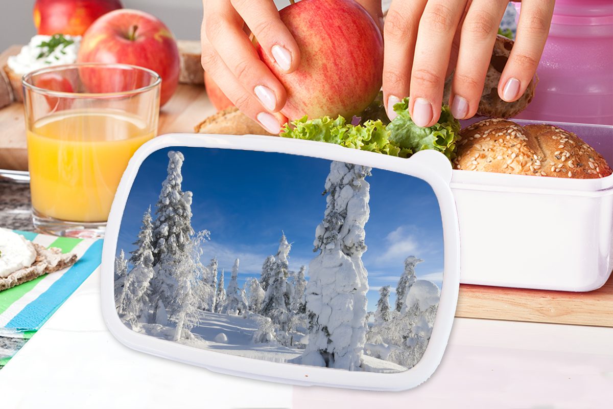 MuchoWow Lunchbox Ein blauer Himmel Erwachsene, weiß Winterlandschaft der und über Brotbox (2-tlg), Kunststoff, für Jungs und Kinder Brotdose, in Lappland, für Mädchen