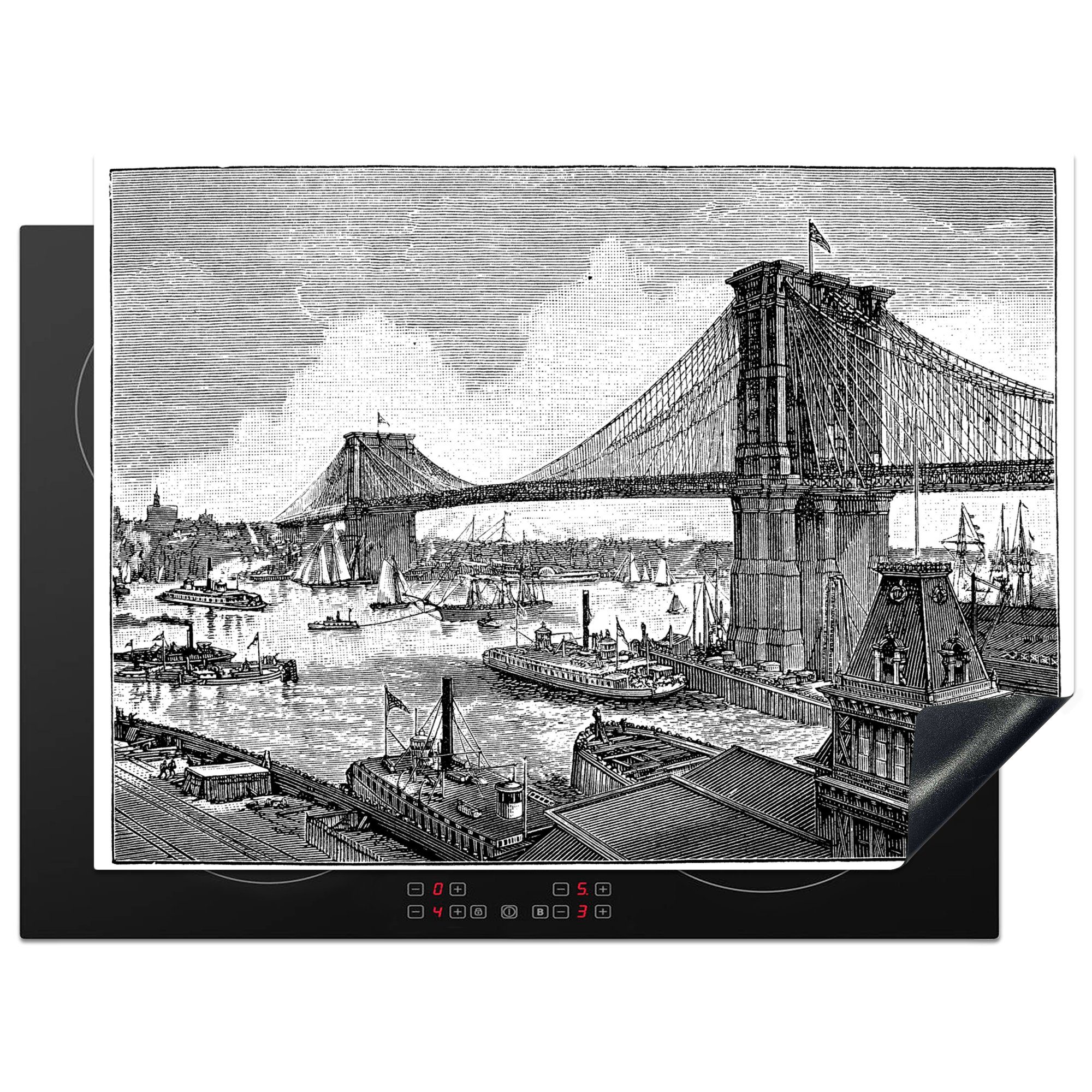 MuchoWow Vinyl, (1 Eine Mobile Illustration 70x52 Bridge, der Brooklyn cm, tlg), nutzbar, Arbeitsfläche Herdblende-/Abdeckplatte antike Ceranfeldabdeckung