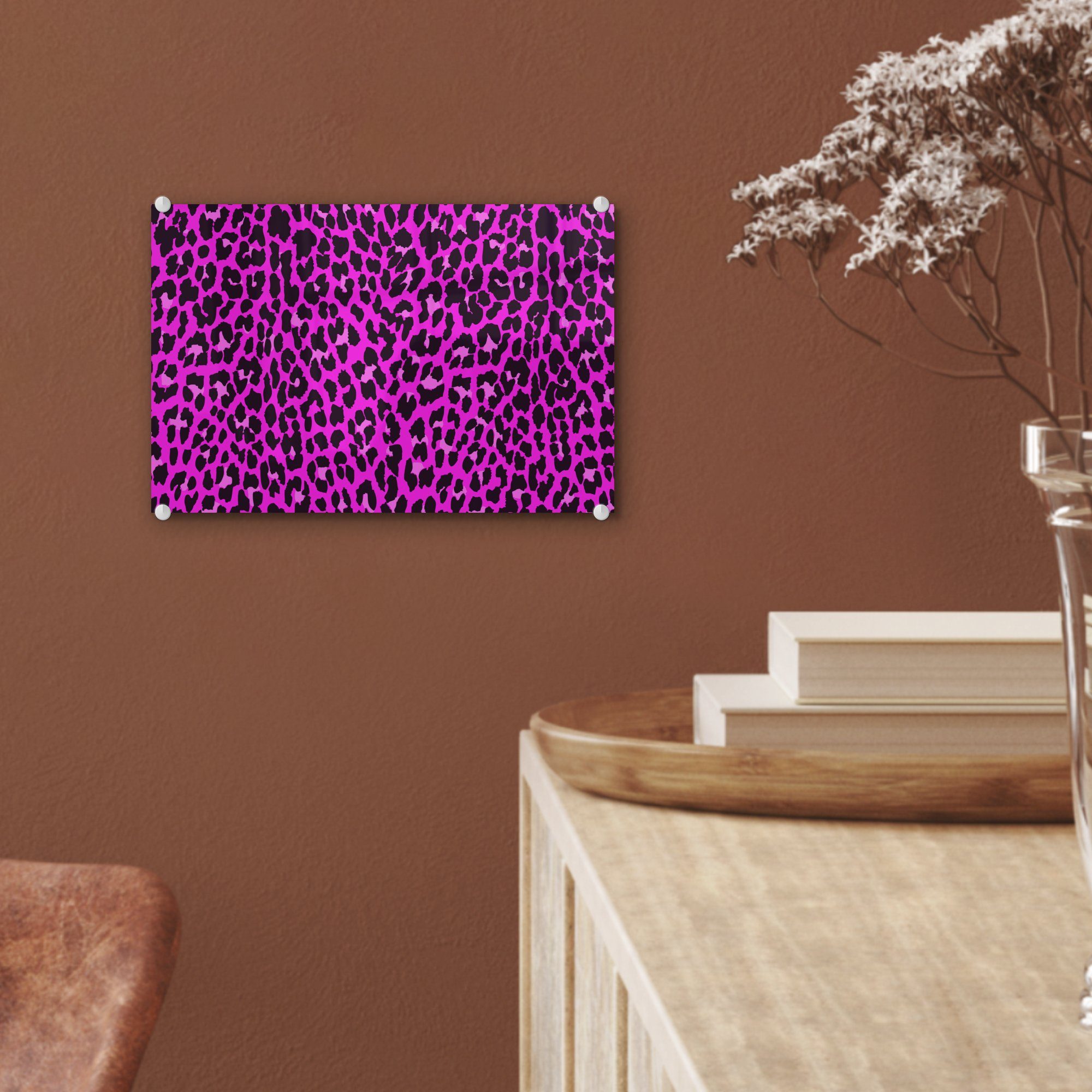 MuchoWow auf - auf Tiere, Glas Wandbild St), Glas Glasbilder Leopard Rosa Bilder (1 Acrylglasbild Foto - - - Wanddekoration -