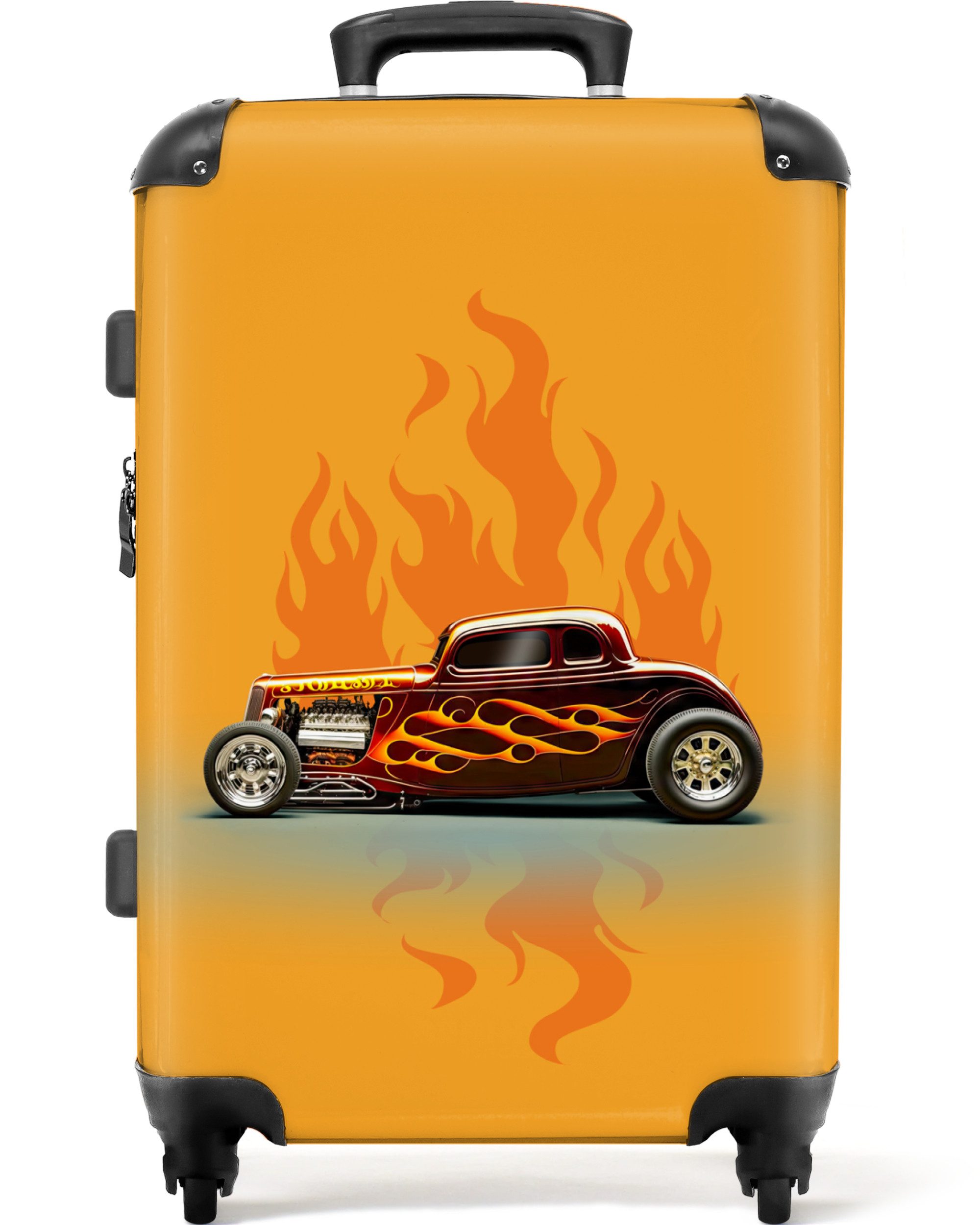 NoBoringSuitcases.com© Kinderkoffer mit leuchtende Räder - Auto - Flammen - Rot - Vintage 67 cm - 72 L, 4 Rollen, Reisekoffer mit Rollen Mittelgroßer für 20kg, Jungenkoffer