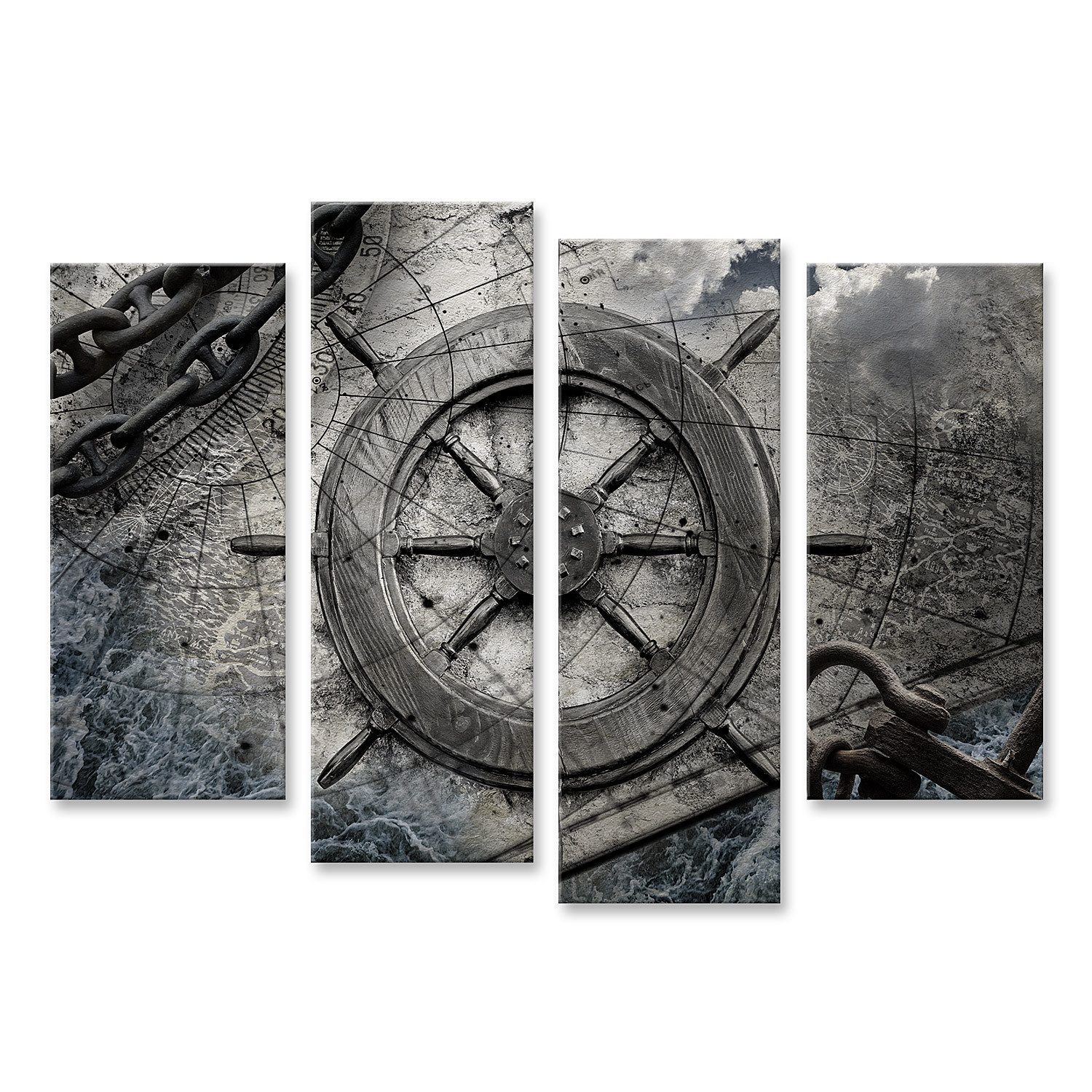 islandburner Leinwandbild Vintage Navigation Hintergrund Steuerrad Karten Anker Ketten Bilder