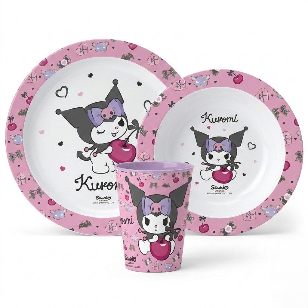 Hello Kitty Kindergeschirr-Set Hello Kitty Kuromi Kinder Geschirr-Set 3 tlg Becher Teller Schüssel (3-tlg), 1 Personen