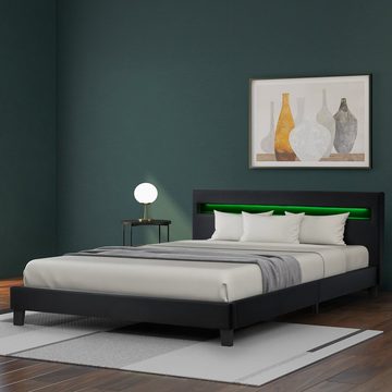 Fangqi Bettgestell Polsterbett Kunstlederbezug & Holz Bettgestell Mit LED-Beleuchtung, Doppelbett, Jugendbett Bett,140 x 200cm
