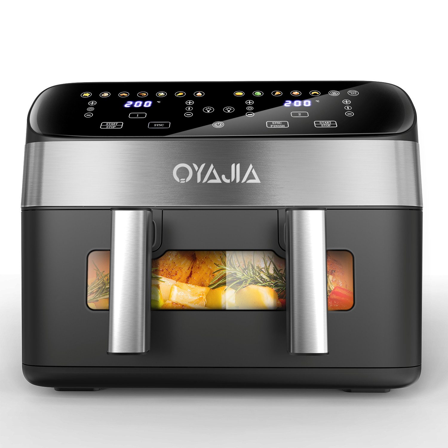 oyajia Heißluftfritteuse Airfryer GSE041T Flexible Basket mit Sichtfenster & Sync-Funktion, zwei Körbe mit 10L, 2600,00 W, 12 Kochfunktionen, Auftauen, Erwärmen, LED TouchScreen