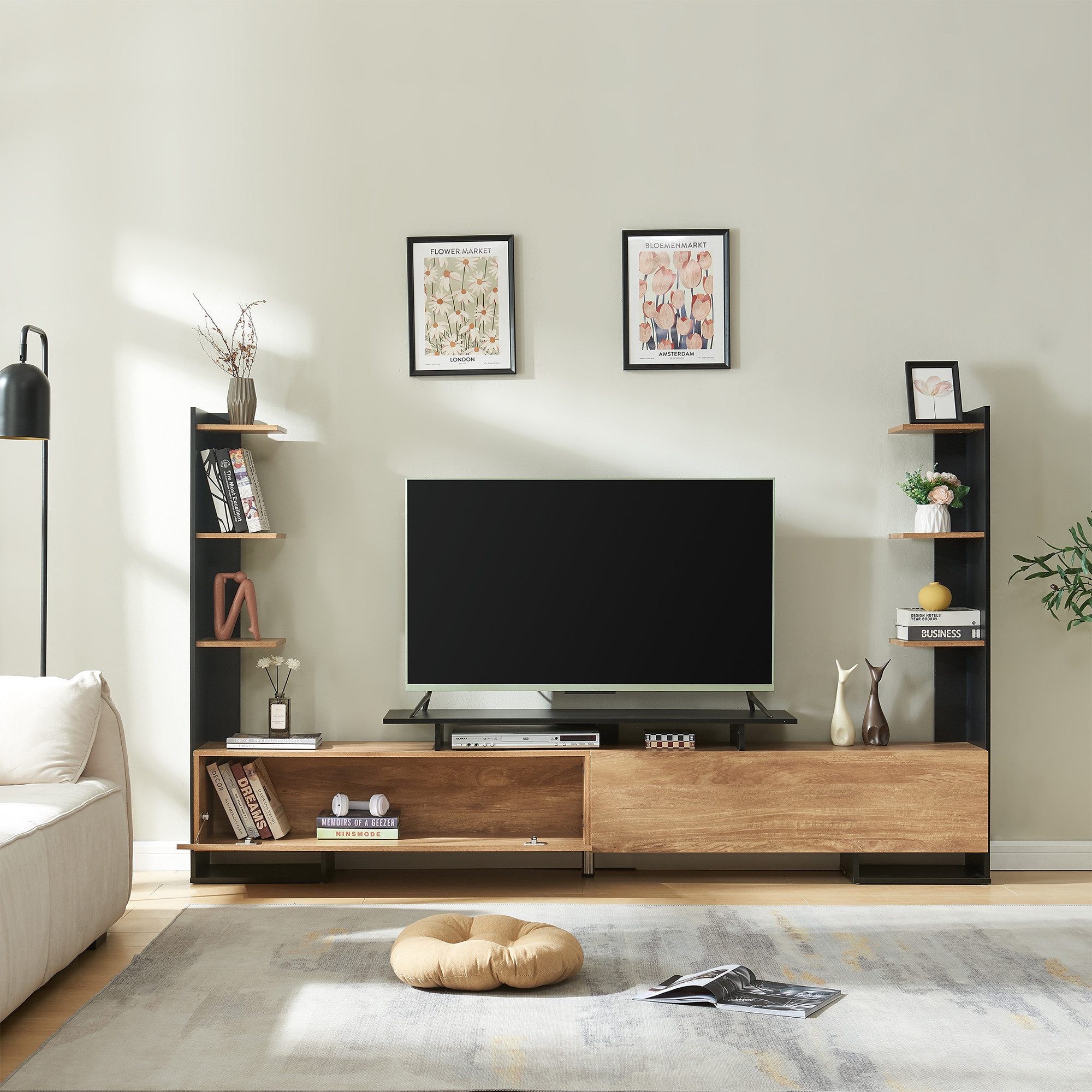 en.casa TV-Schrank »Rauki« mit Seitenregalen 233 x 31 x 141 cm Schwarz/Mango-Holzoptik