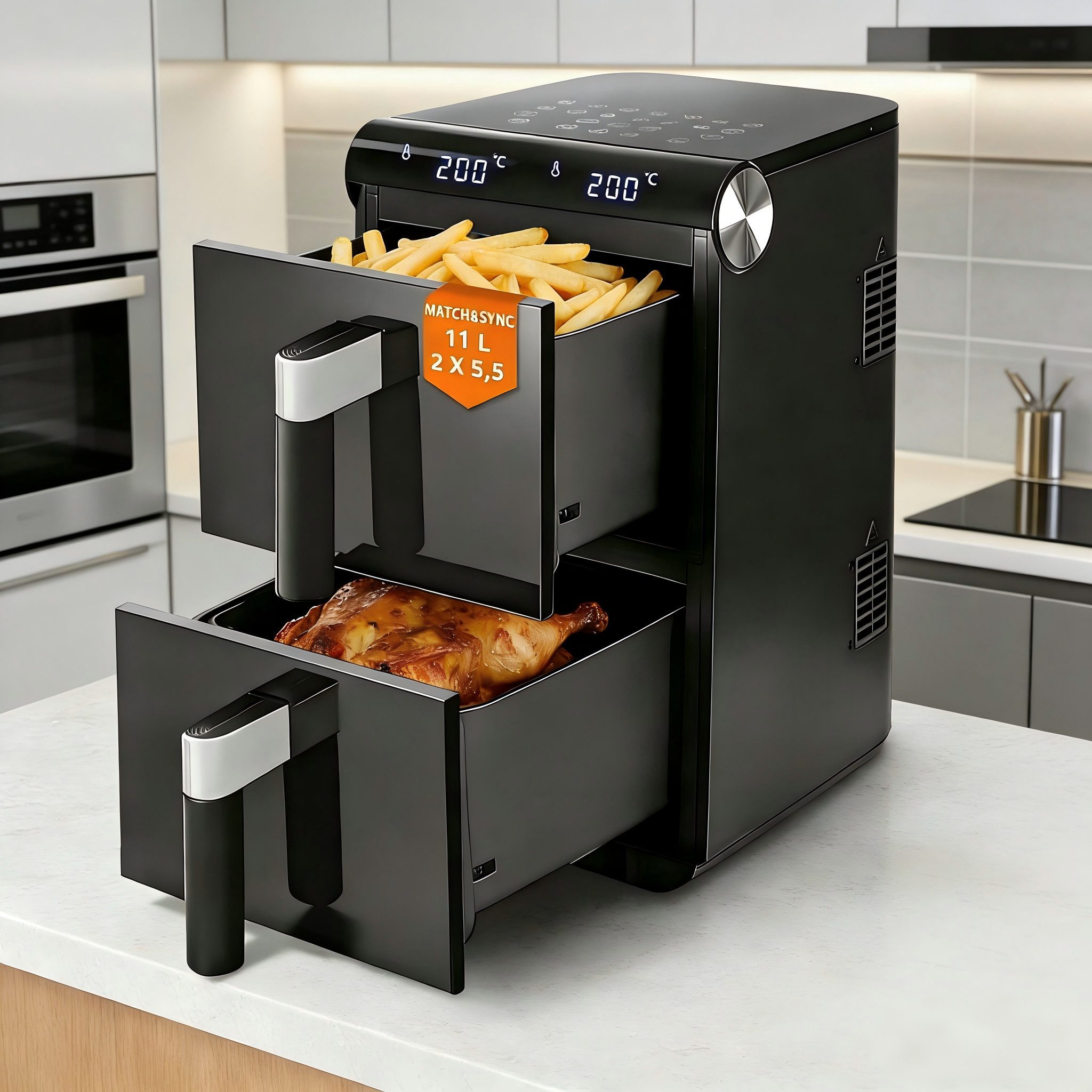 ZMH Heißluftfritteuse XXL Doppelkammer Airfryer 11L mit 13 Kochprogramme Dual Zone, 2800 W, 2 x 5,5L Heissluftfritteuse mit Sichtfenster, Touchdisplay, Ohne ÖL
