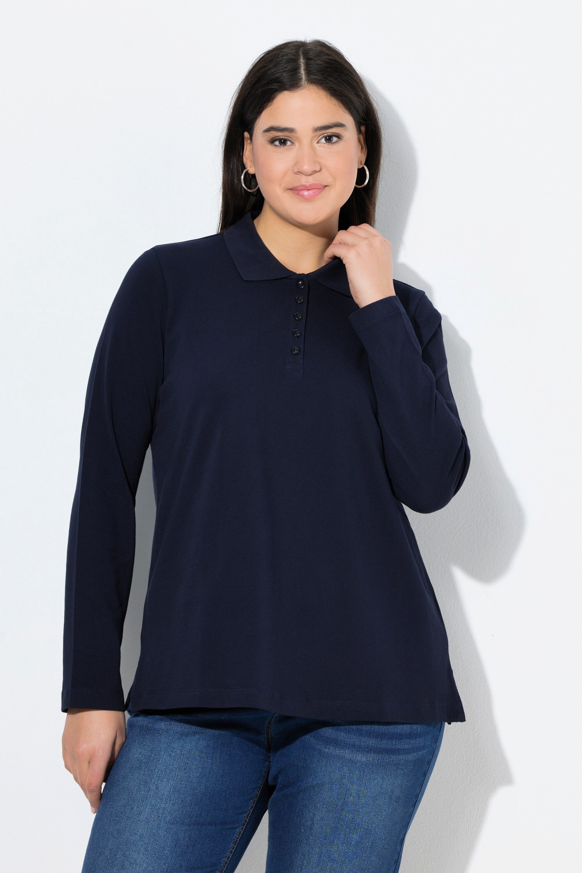 Ulla Popken T-Shirt Poloshirt Knopfleiste Polokragen Langarm günstig online kaufen