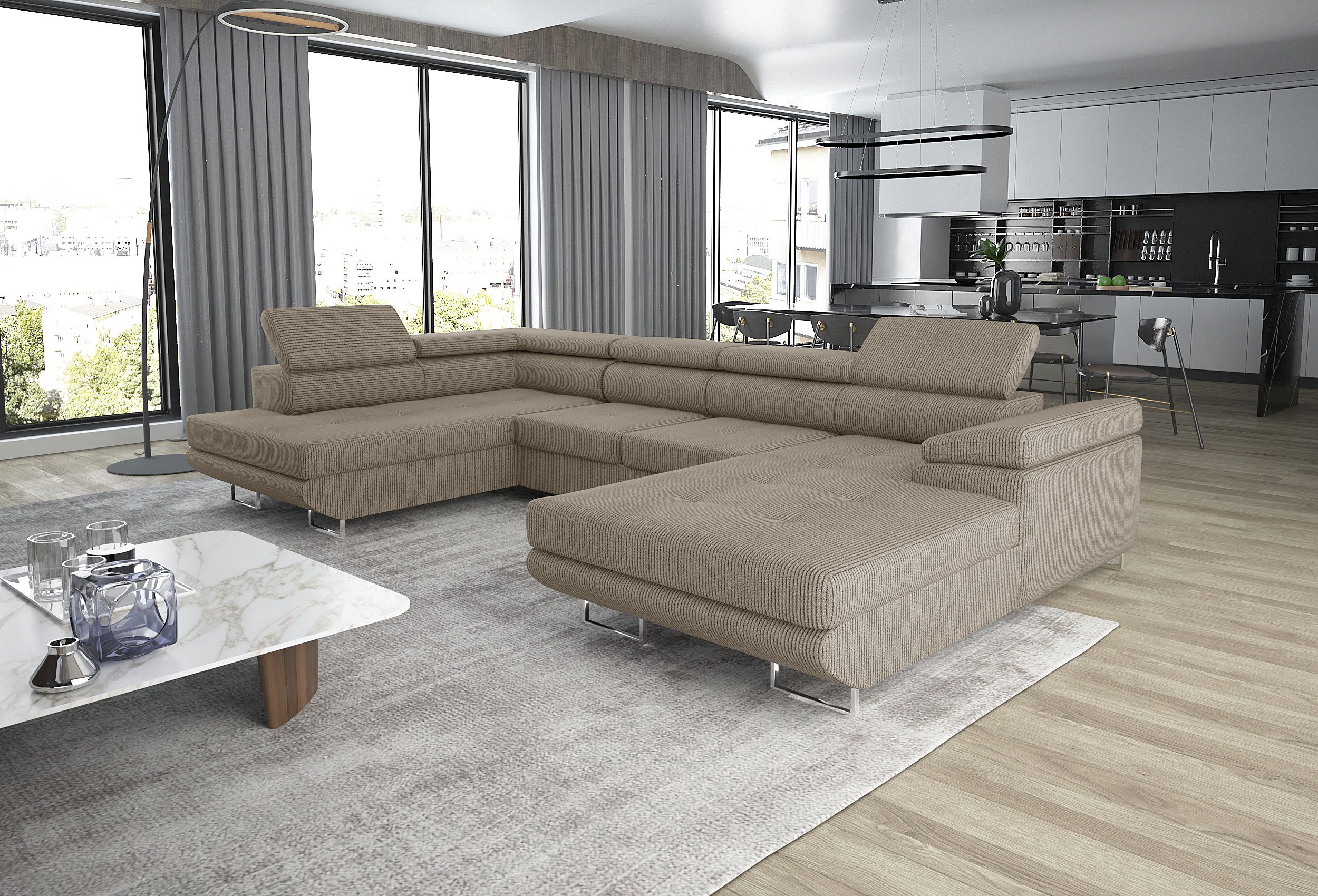 thematys Ecksofa GRENADA in Samt Monolith oder Cord Poso Stoff 355 x 162 cm, U-Form 3 Teile XL-Wohnlandschaft mit Schlaffunktion und Bettkasten