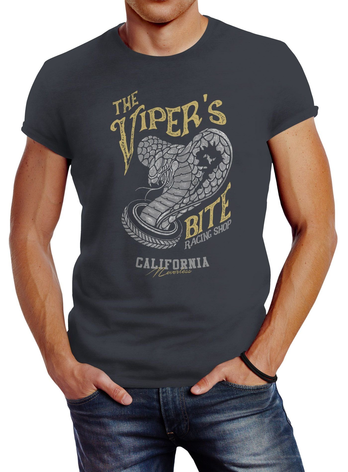 Neverless Print-Shirt Herren T-Shirt The Vipers Bite Racing Shop California Klapperschlange Tatto Style Slim Fit Neverless® mit Print grau