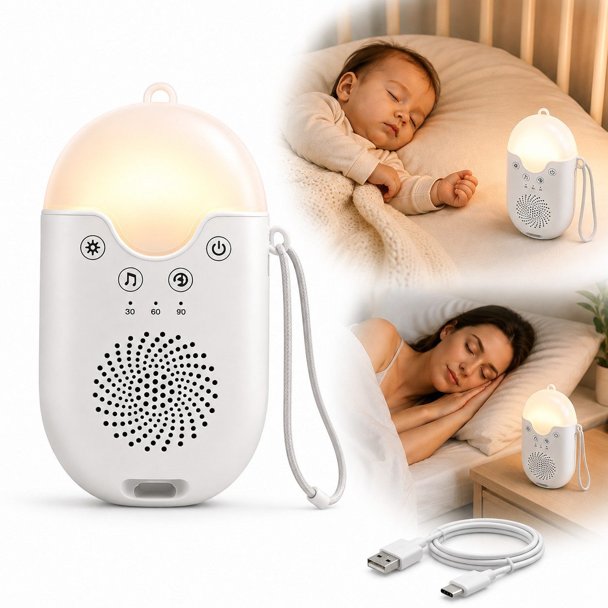 Fyrove Geräuschmaschine für Babys Einschlaf- und Durchschlafhilfe (Soundgerät, Baby-Nachtlicht für Kinderzimmer, Reisen und Abendroutine, 500 mAh, USB-C, Timer, 120 g, dimmbar, Aufhängeschlaufe) von Fyrove