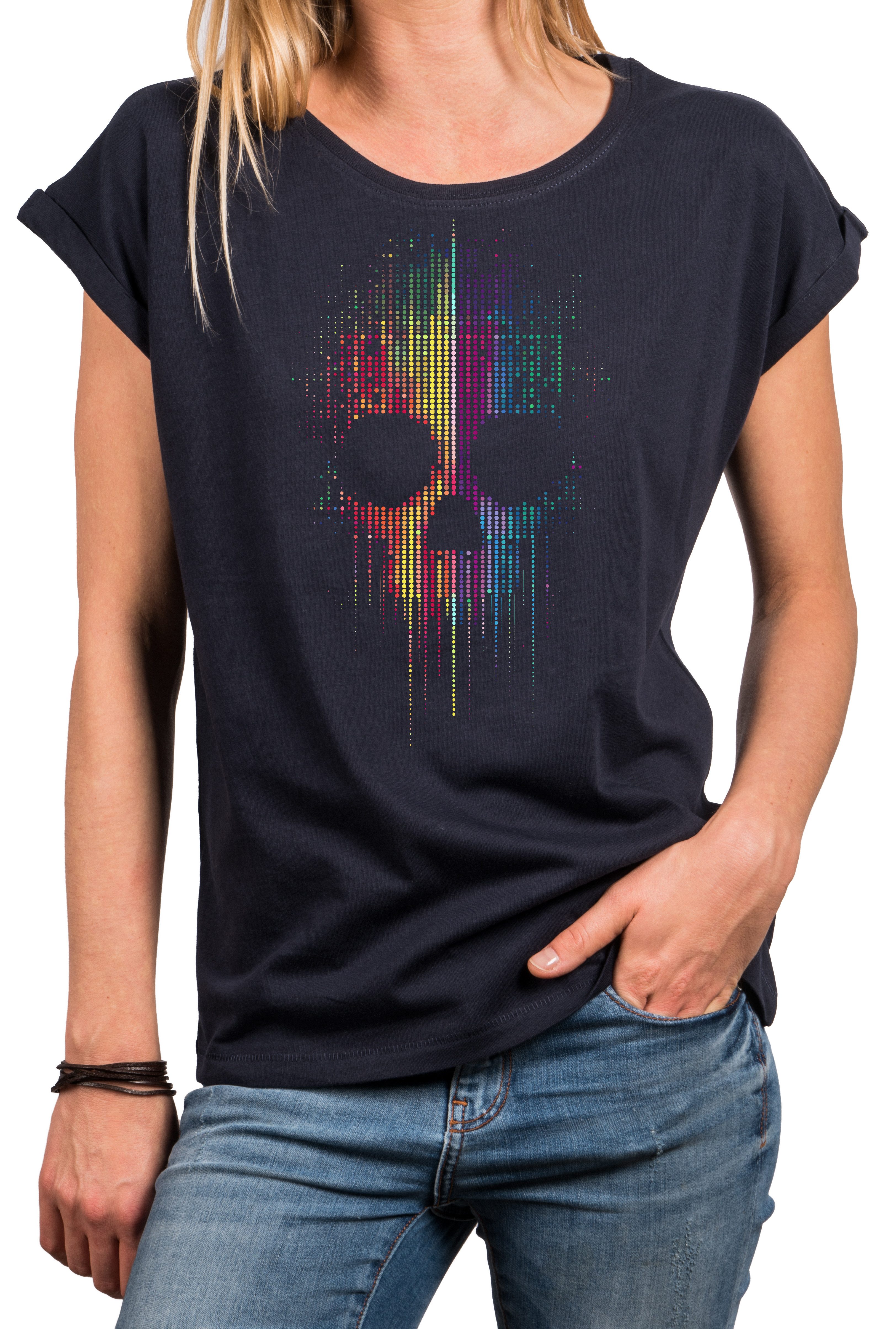 MAKAYA T-Shirt Cooles Gothic Damen-Top mit buntem Skull-Print – Festival-Style (Schwarz, Blau, 34, 36, 38, 40, 42, 44, 46, 48, 50) Baumwolle