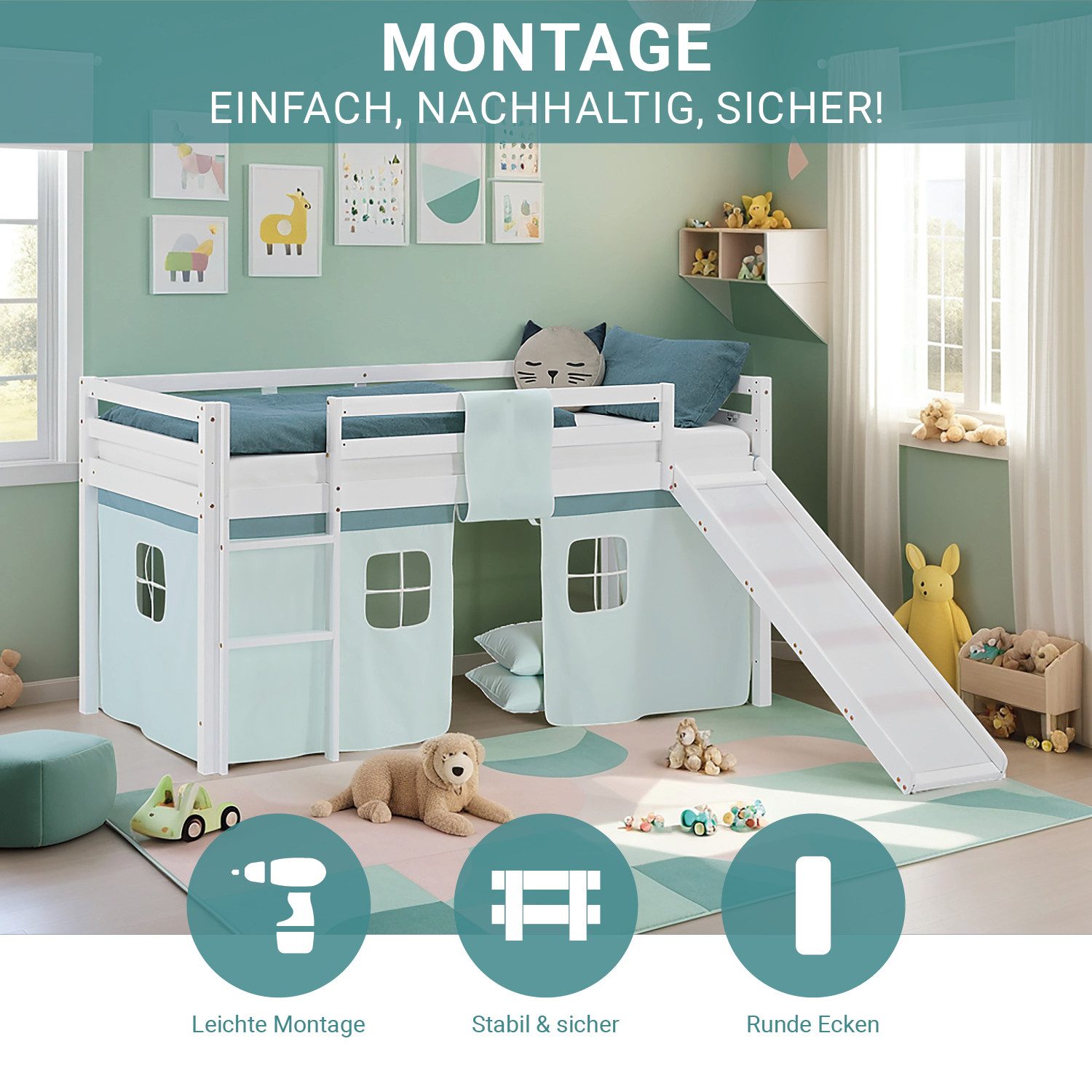 Homestyle4u Hochbett Kinderbett 90x200 Spielbett Kiefer Jungen Weiß Grün Mint Vorhang (Set, mit Rutsche, Spielbett) mit Rausfallschutz, Junge