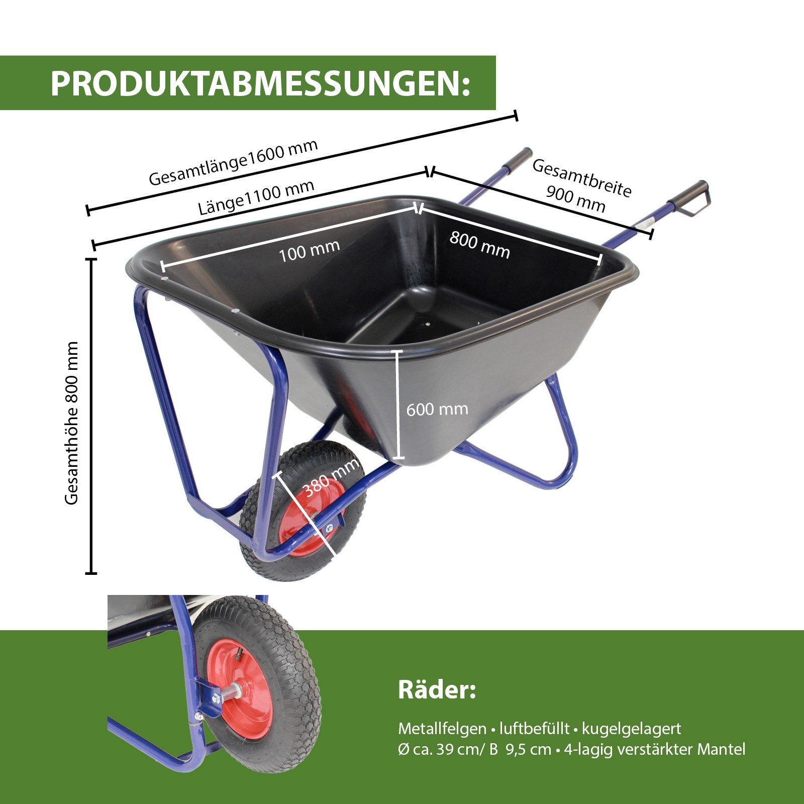 TRUTZHOLM Schubkarre 1-Rad XXL 290 L 300 kg Luftrad Metallfelge Kunststoffmulde schwarz, (Einzeln, 1-tlg), stabiles Stahlgestell